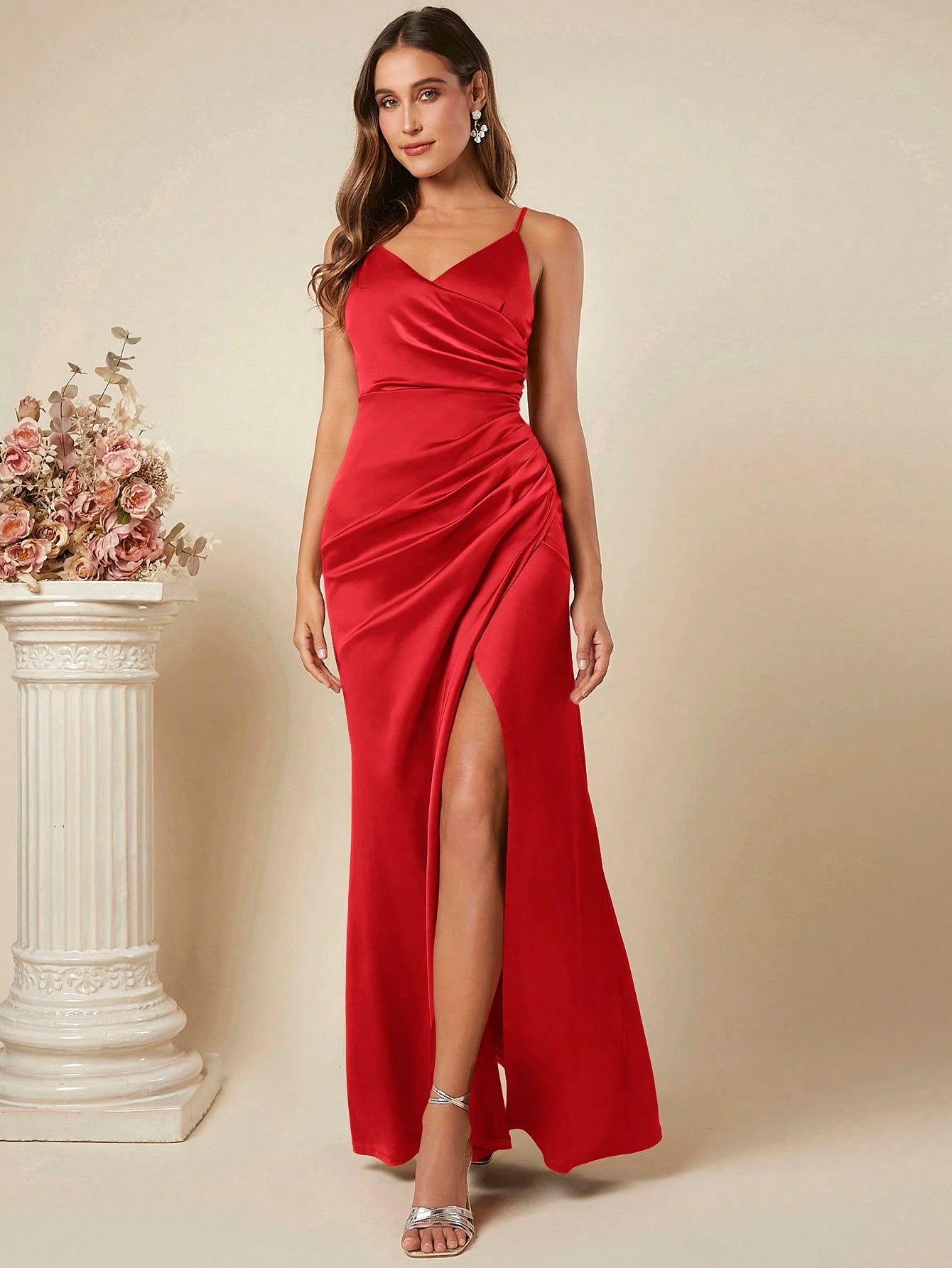 Belle Ruched Split Thigh Cami Dress Elegant Bridesmaid Dress Wedding Guest Dress - Elegant Floor Length Gown - image 6