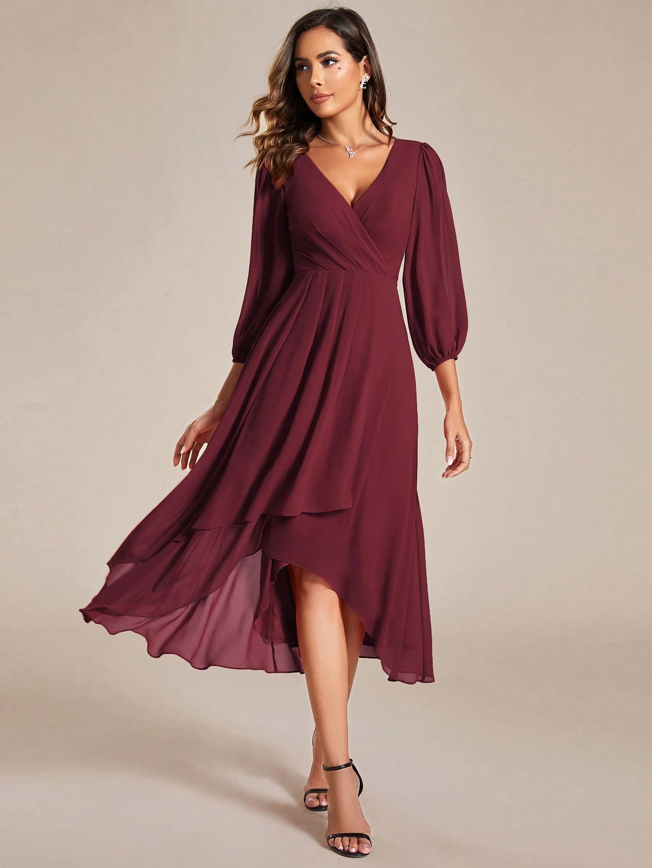 EVERPRETTY Elegant Lantern Sleeve Pleated Chiffon Bridesmaid Dress, Formal Gown, Wedding Guest Dress - image 3