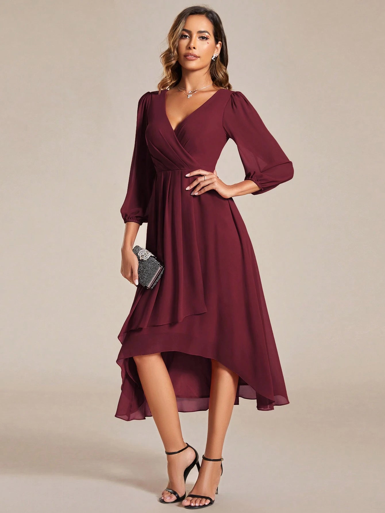 EVERPRETTY Elegant Lantern Sleeve Pleated Chiffon Bridesmaid Dress, Formal Gown, Wedding Guest Dress - image 4