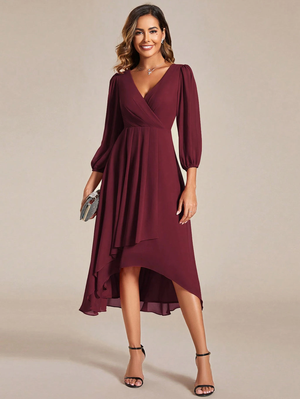EVERPRETTY Elegant Lantern Sleeve Pleated Chiffon Bridesmaid Dress, Formal Gown, Wedding Guest Dress - image 5