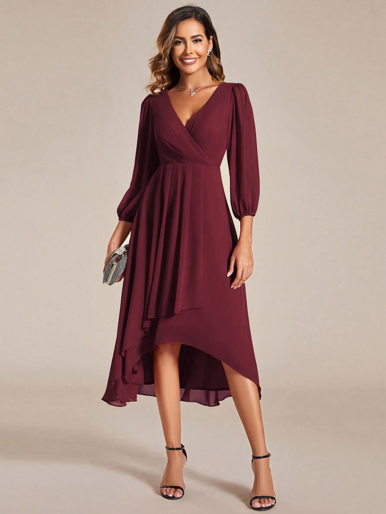 EVERPRETTY Elegant Lantern Sleeve Pleated Chiffon Bridesmaid Dress, Formal Gown, Wedding Guest Dress - image 5