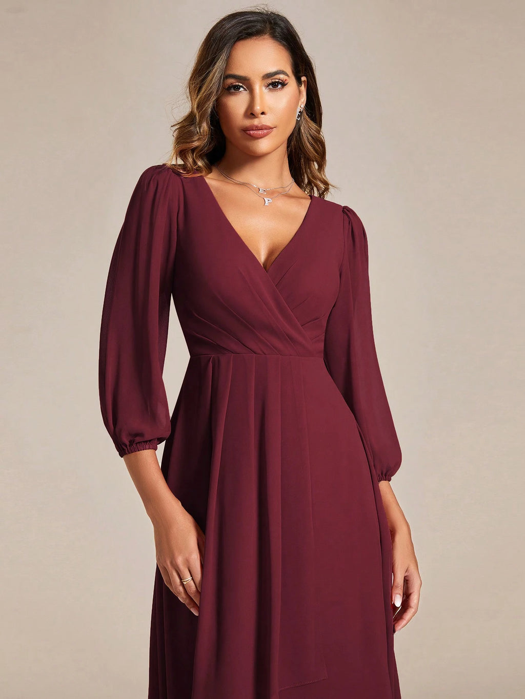 EVERPRETTY Elegant Lantern Sleeve Pleated Chiffon Bridesmaid Dress, Formal Gown, Wedding Guest Dress - image 6