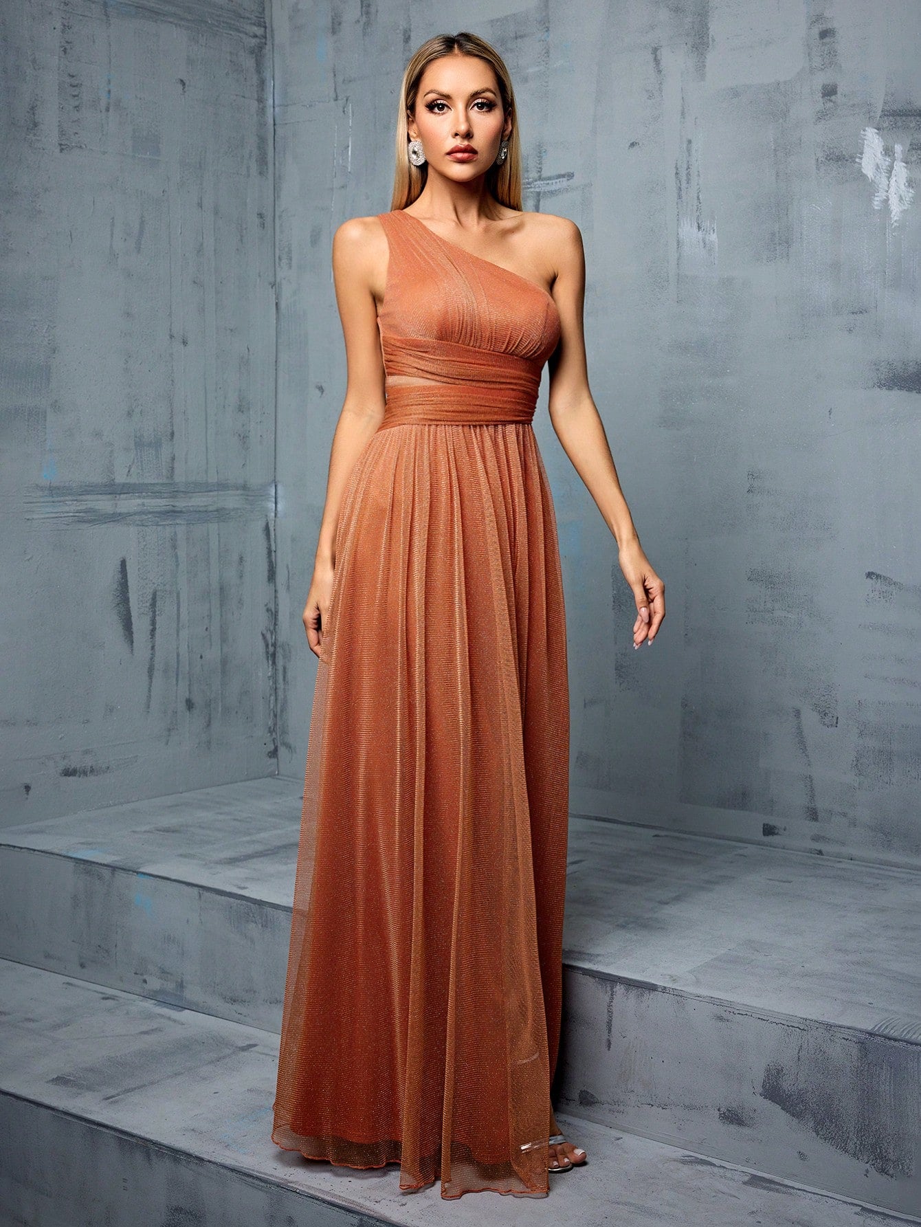 Summer Elegant Brown Glitter Mesh Asymmetrical One-Shoulder Ruched Maxi Evening Gown, High Slit Flowy - image 5
