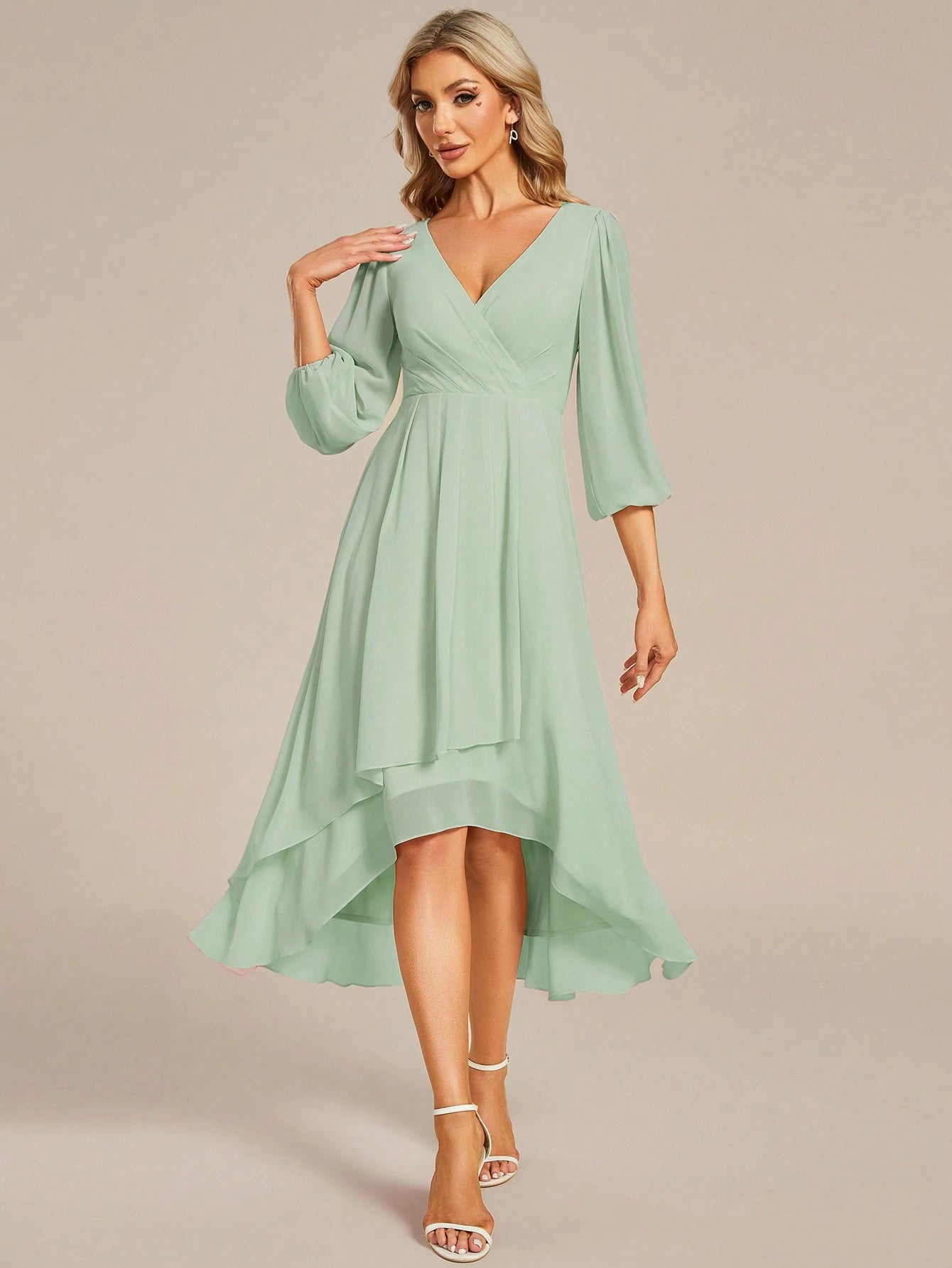EVERPRETTY Elegant Lantern Sleeve Pleated Chiffon Bridesmaid Dress,