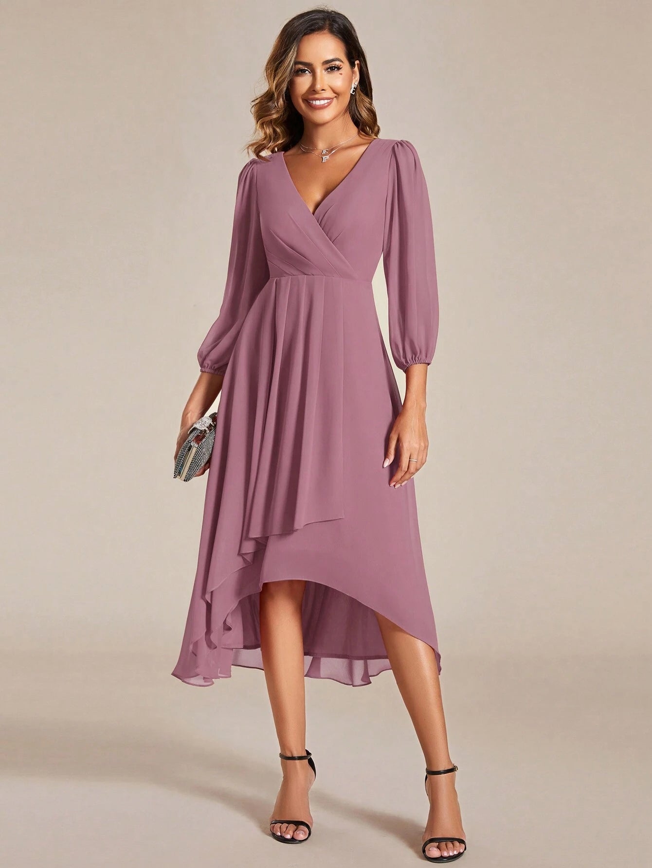 EVERPRETTY Elegant Lantern Sleeve Pleated Chiffon Bridesmaid Dress,