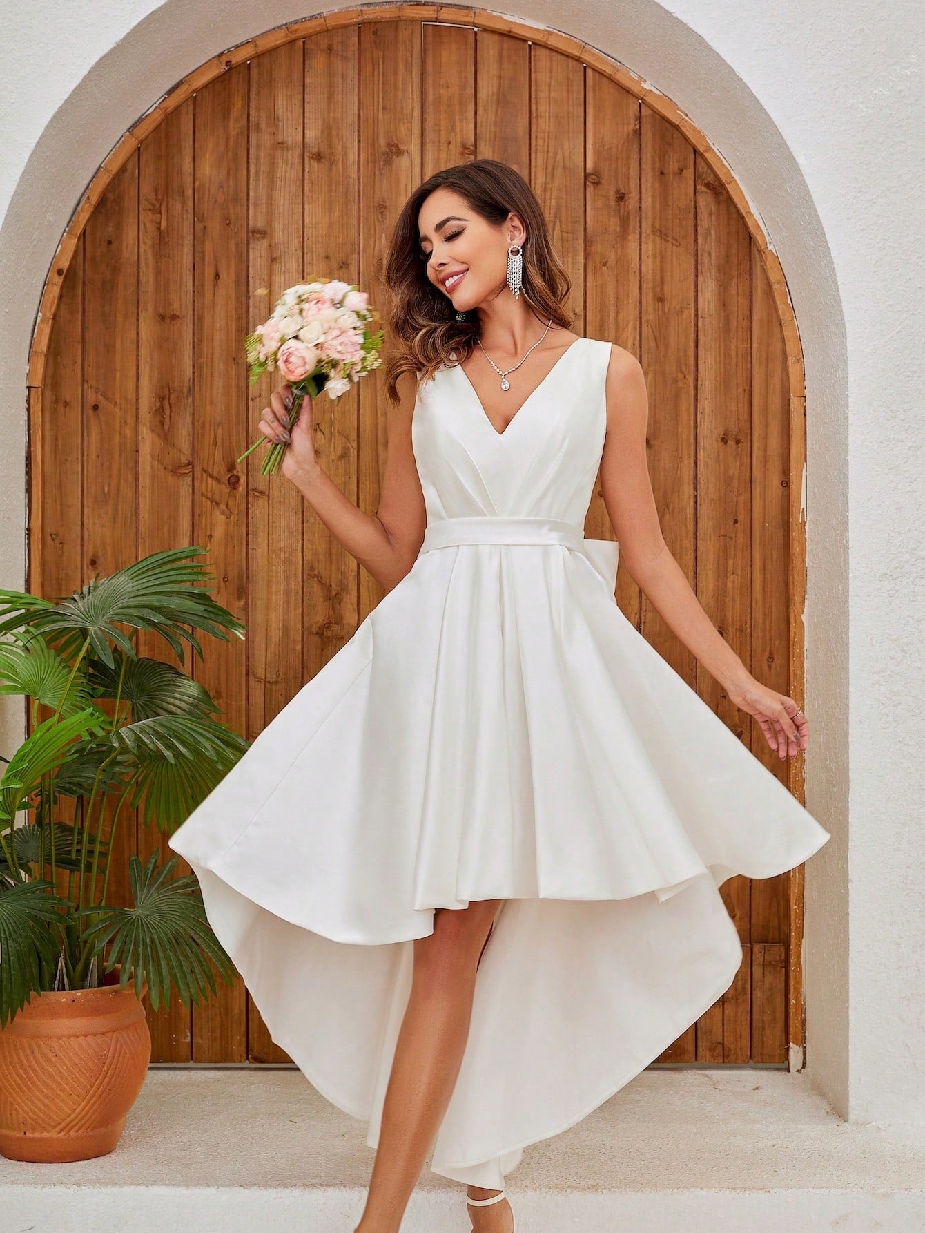 YUMIBRAVO Sleeveless Deep V-Neck High Low Satin Dress White Elegant Bridal Dress Wedding Dress White - image 4