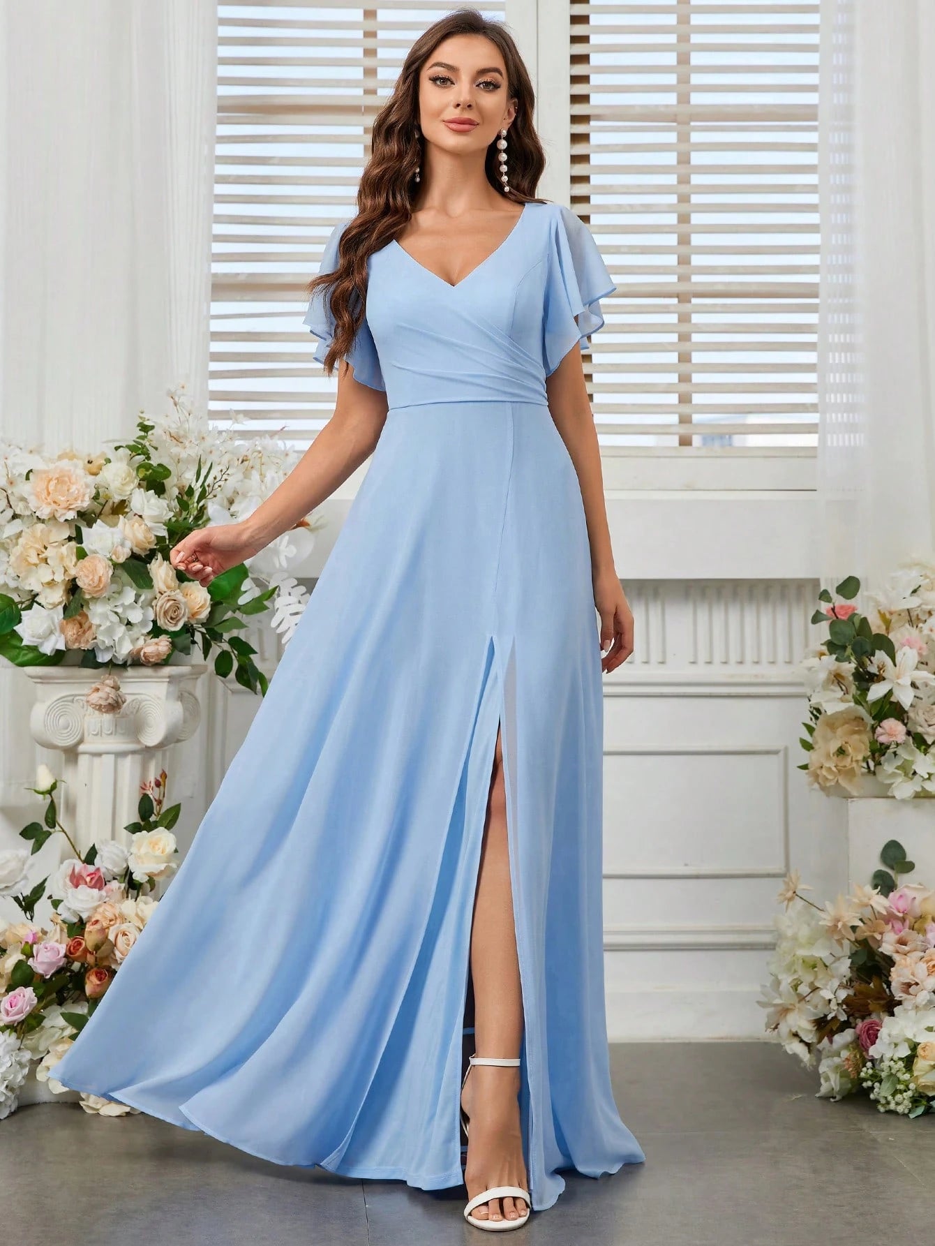 Belle Elegant Women's Light Blue Summer Wedding Bridesmaid Dress,Formal Chiffon Lotus Leaf Floating Sleeves - image 11