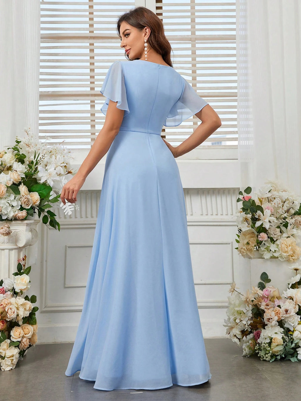 Belle Elegant Women's Light Blue Summer Wedding Bridesmaid Dress,Formal Chiffon Lotus Leaf Floating Sleeves - image 10