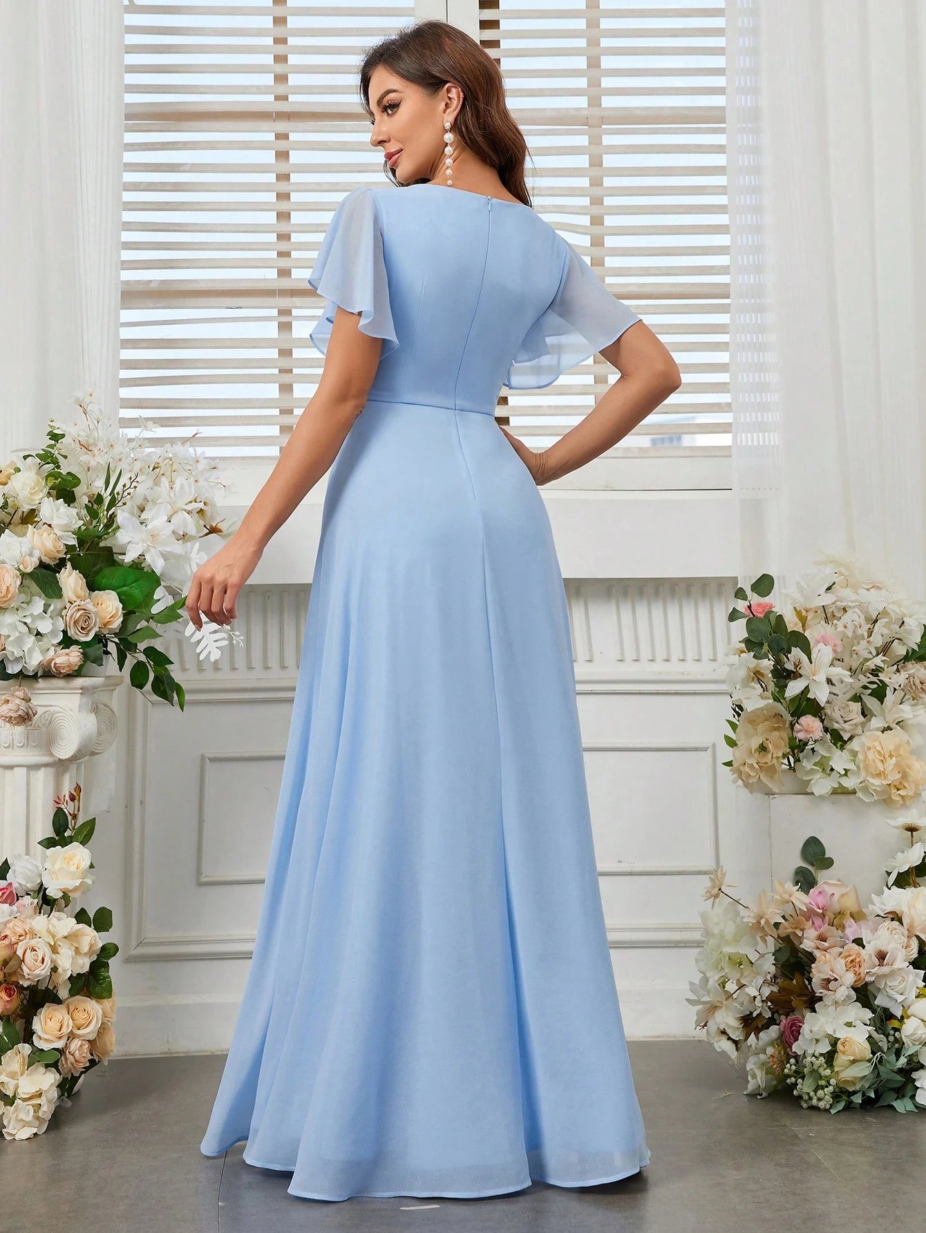 Belle Elegant Women's Light Blue Summer Wedding Bridesmaid Dress,Formal Chiffon Lotus Leaf Floating Sleeves - image 10
