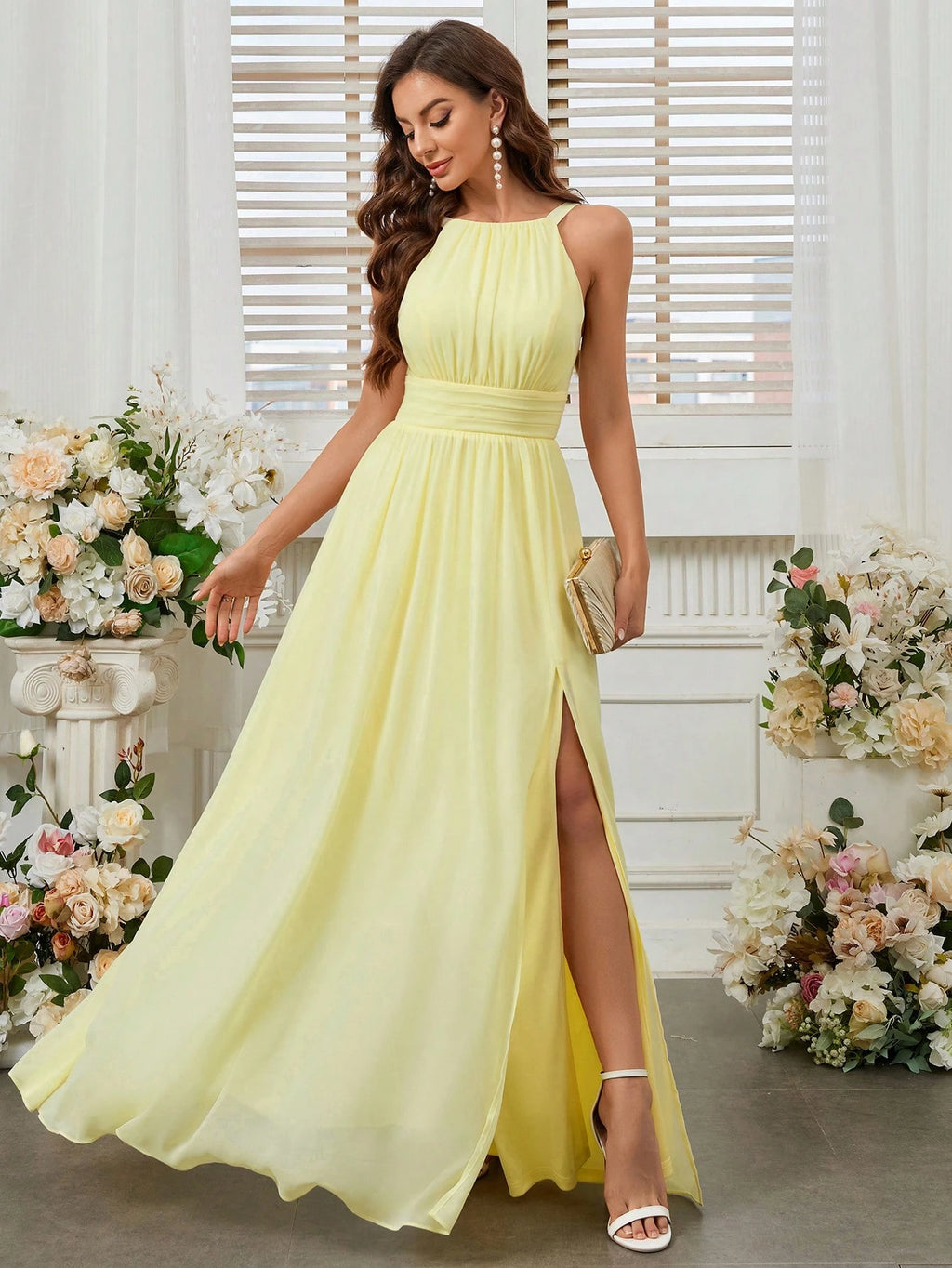 Belle Elegant Light Yellow Summer Chiffon Dress,Boat Neck High Waist Pleated Bridesmaid Dress For - image 9