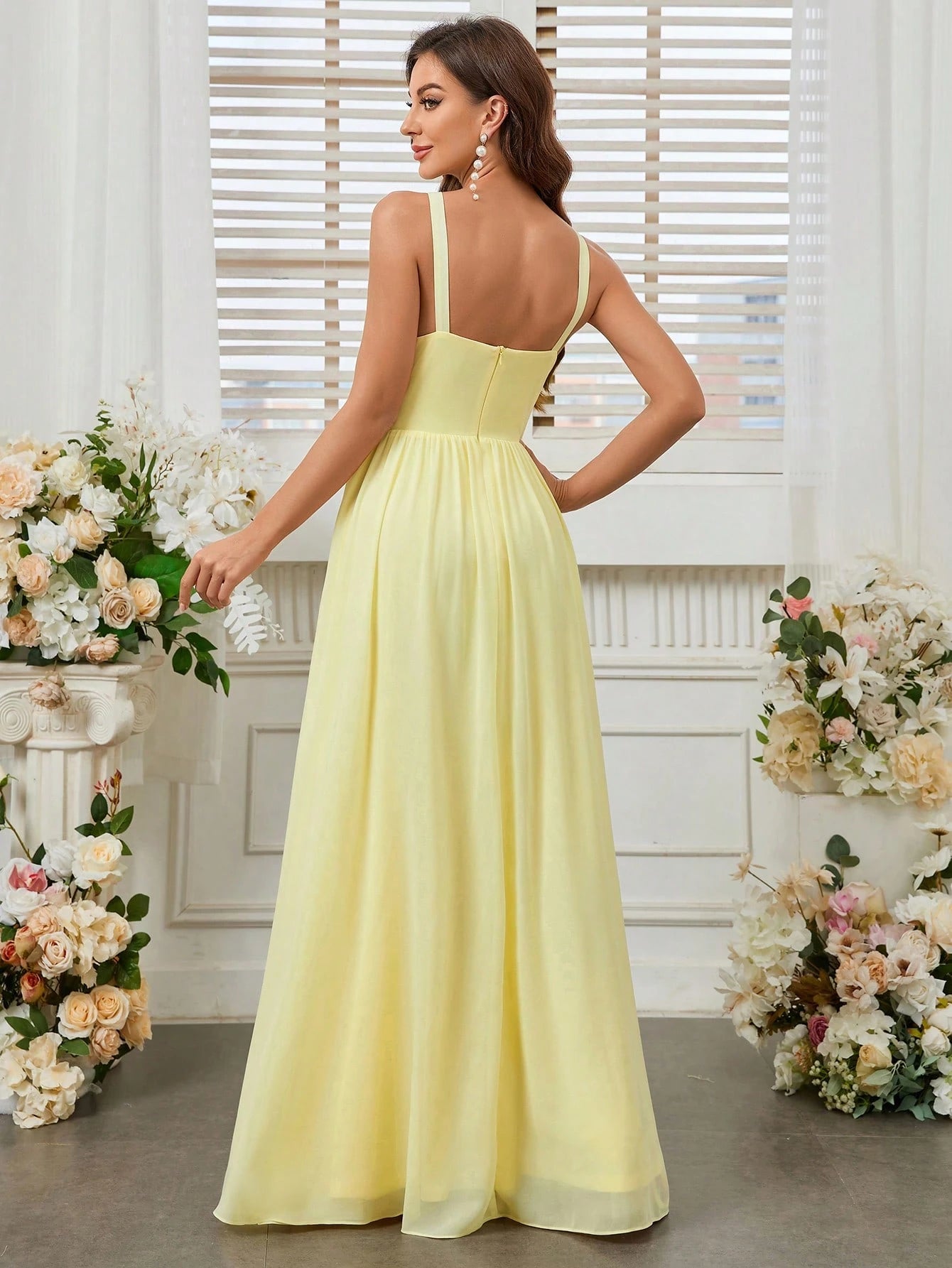 Belle Elegant Light Yellow Summer Chiffon Dress,Boat Neck High Waist Pleated Bridesmaid Dress For - image 10
