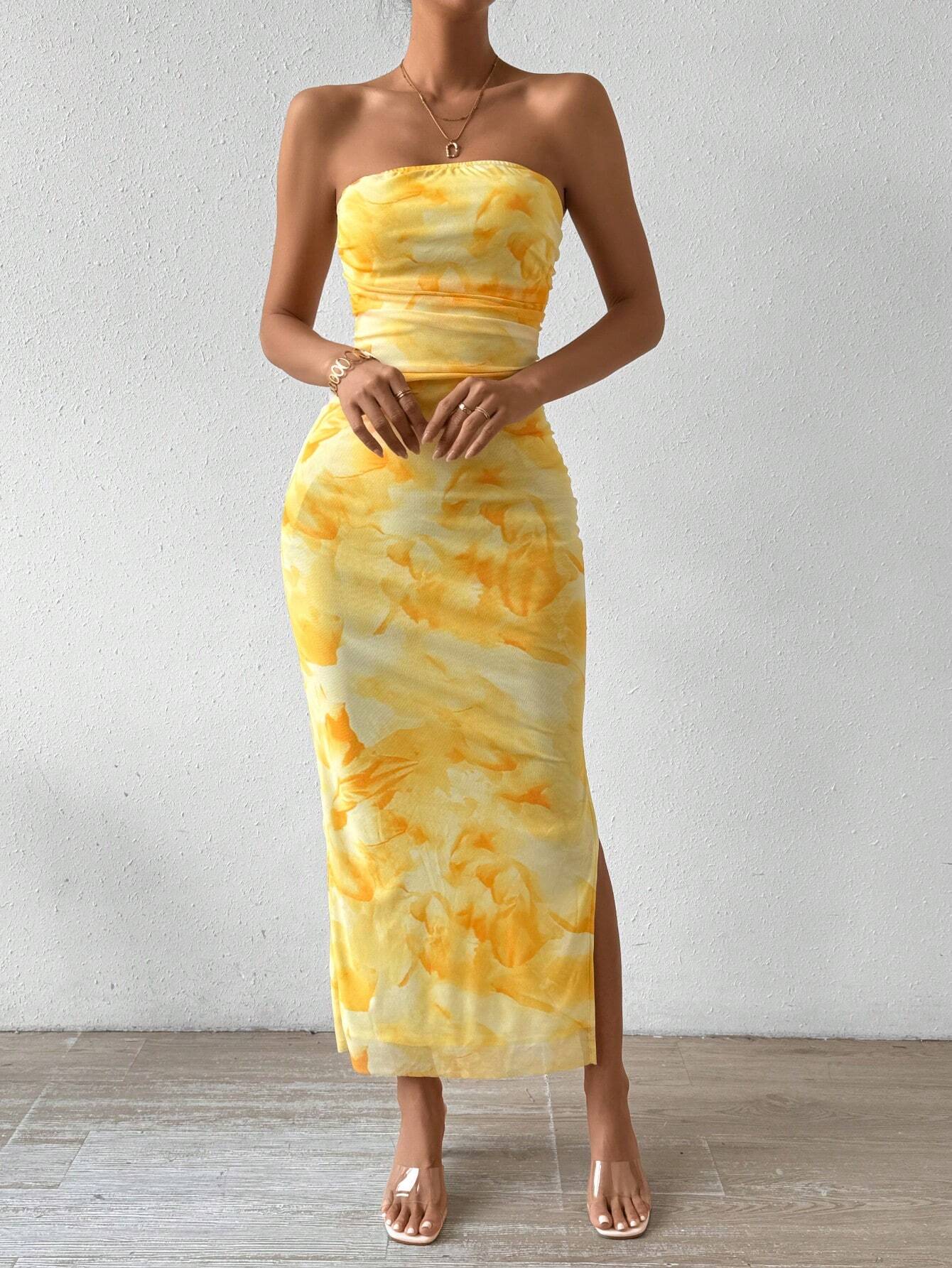 Ladies' Tie Dye Strapless Dress With Side Slit Hem Maxi