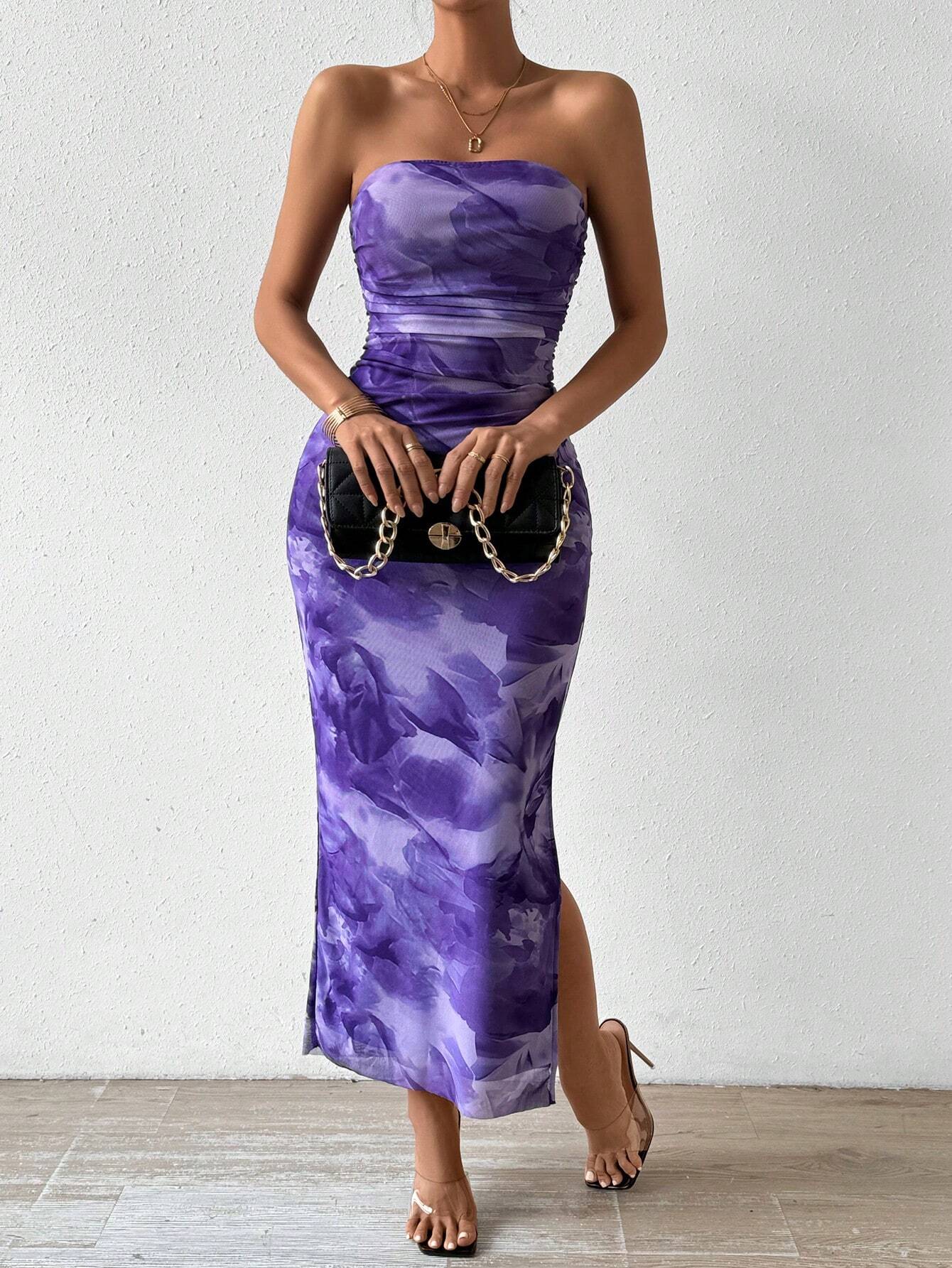 Ladies' Tie Dye Strapless Dress With Side Slit Hem Maxi