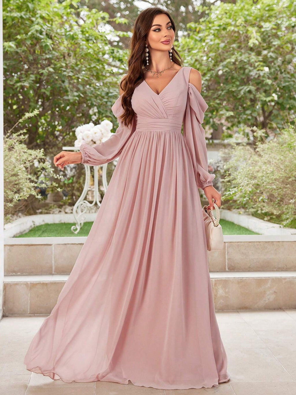 UNITHORSE Elegant Solid Color Off-Shoulder Chiffon Bridesmaid Dress