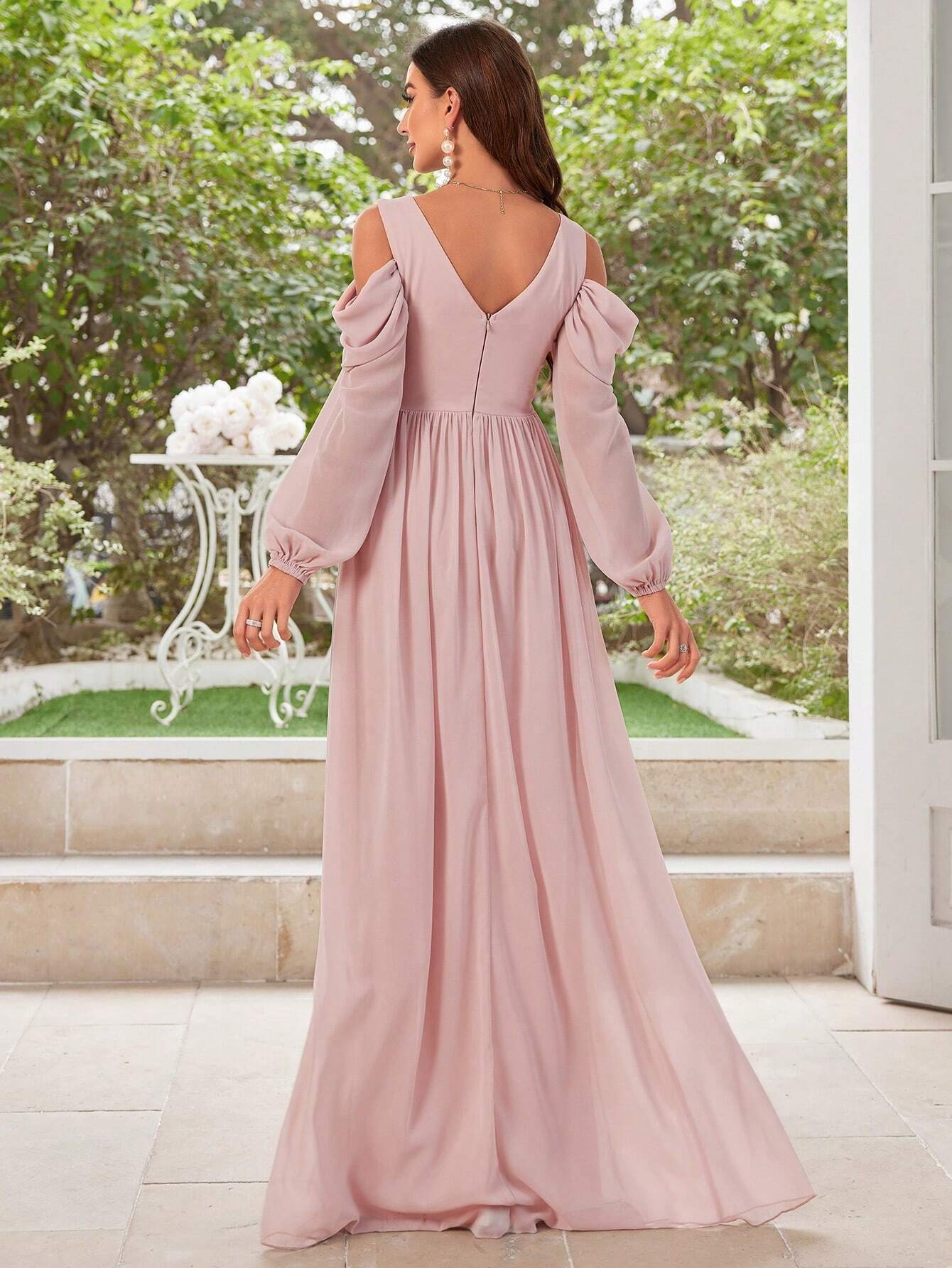 UNITHORSE Elegant Solid Color Off-Shoulder Chiffon Bridesmaid Dress - image 2
