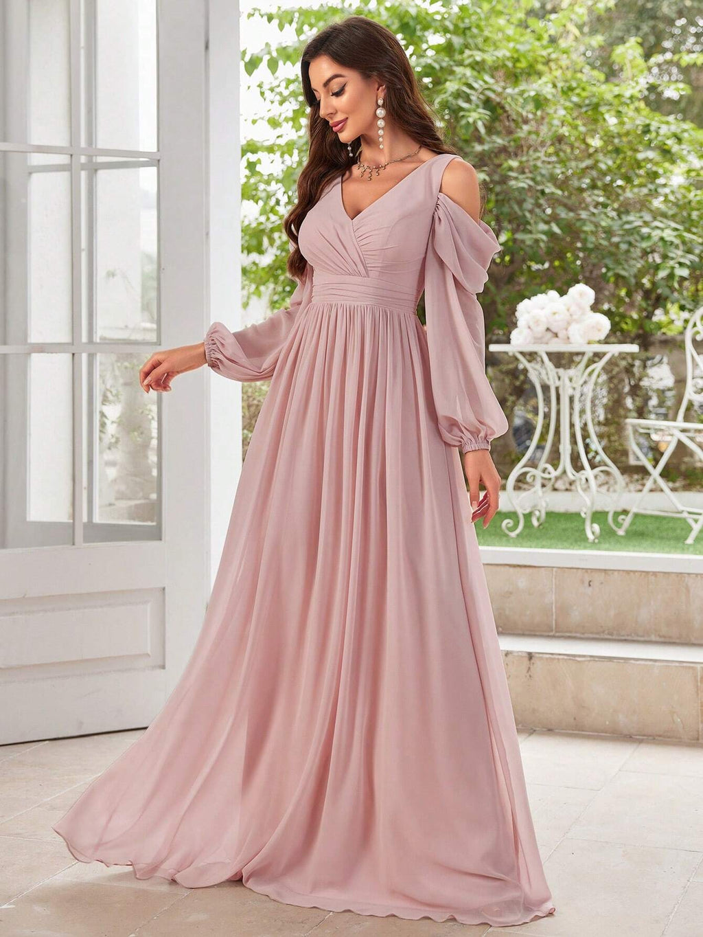 UNITHORSE Elegant Solid Color Off-Shoulder Chiffon Bridesmaid Dress - image 3
