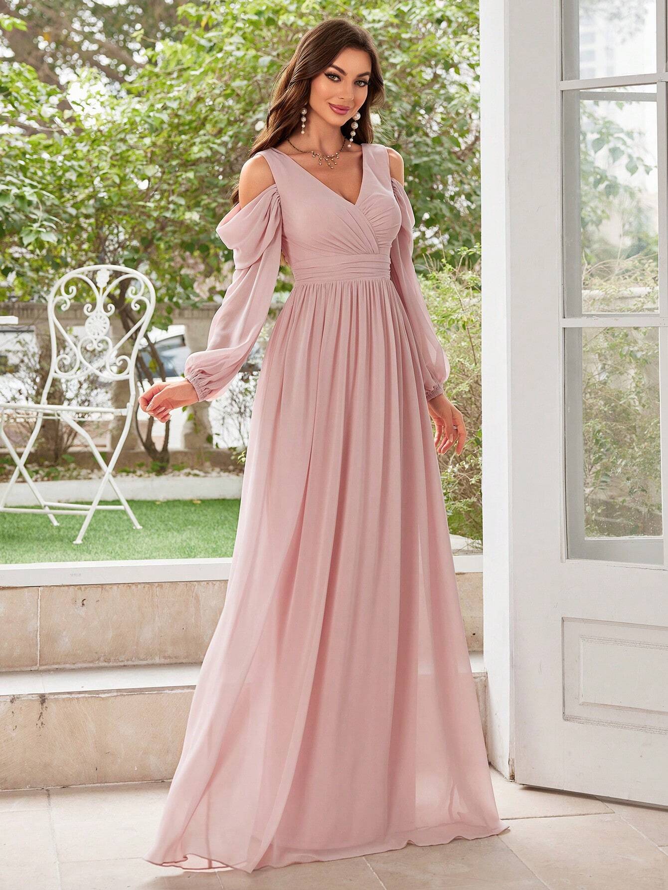 UNITHORSE Elegant Solid Color Off-Shoulder Chiffon Bridesmaid Dress - image 4