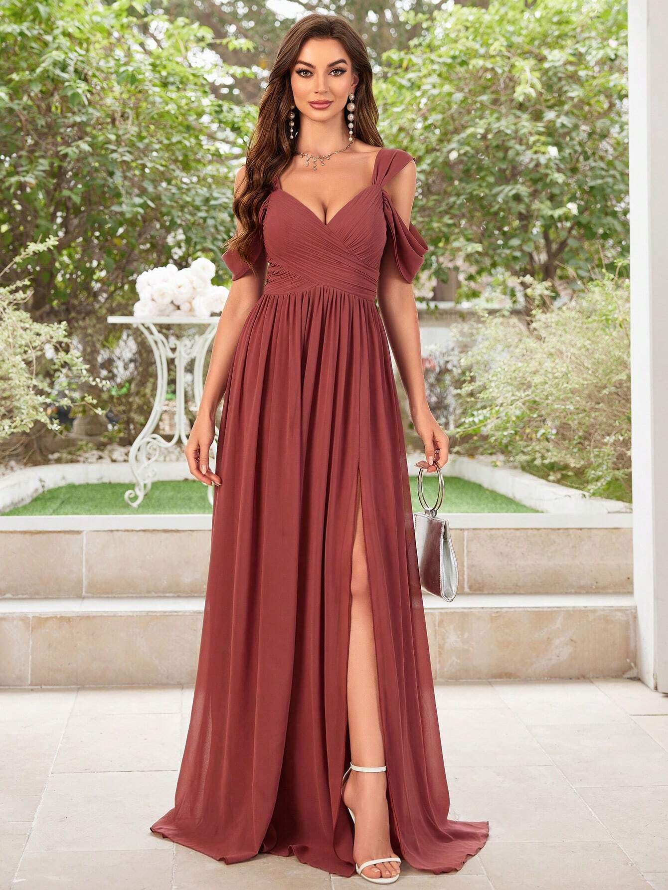 UNITHORSE Women's Solid Color Minimalist Daily Wear Cold Shoulder Chiffon Dress Bridesmaid Dress Wedding - image 2