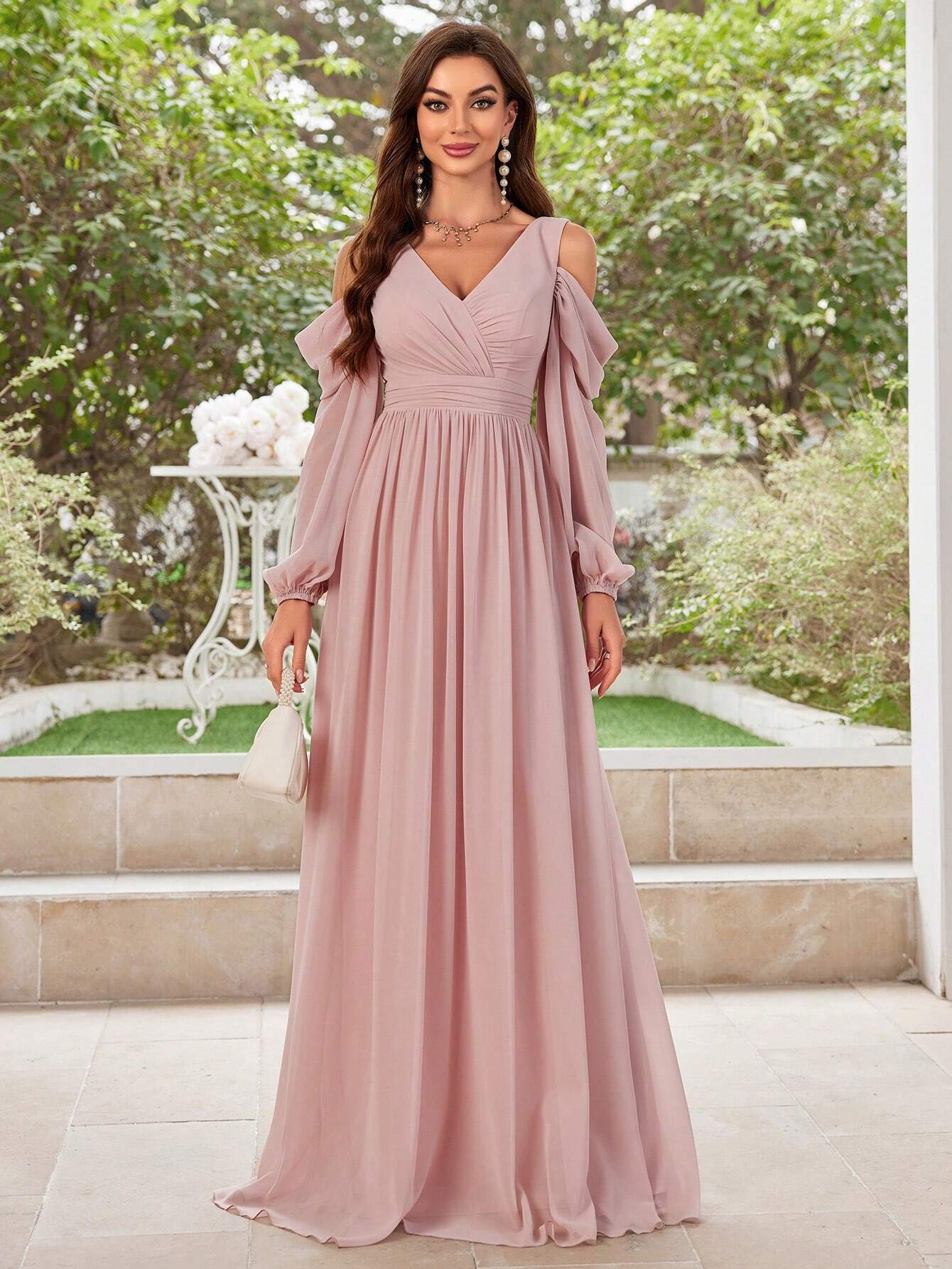 UNITHORSE Elegant Solid Color Off-Shoulder Chiffon Bridesmaid Dress - image 6
