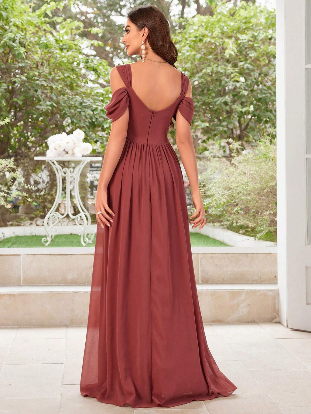 UNITHORSE Women's Solid Color Minimalist Daily Wear Cold Shoulder Chiffon Dress Bridesmaid Dress Wedding - image 3