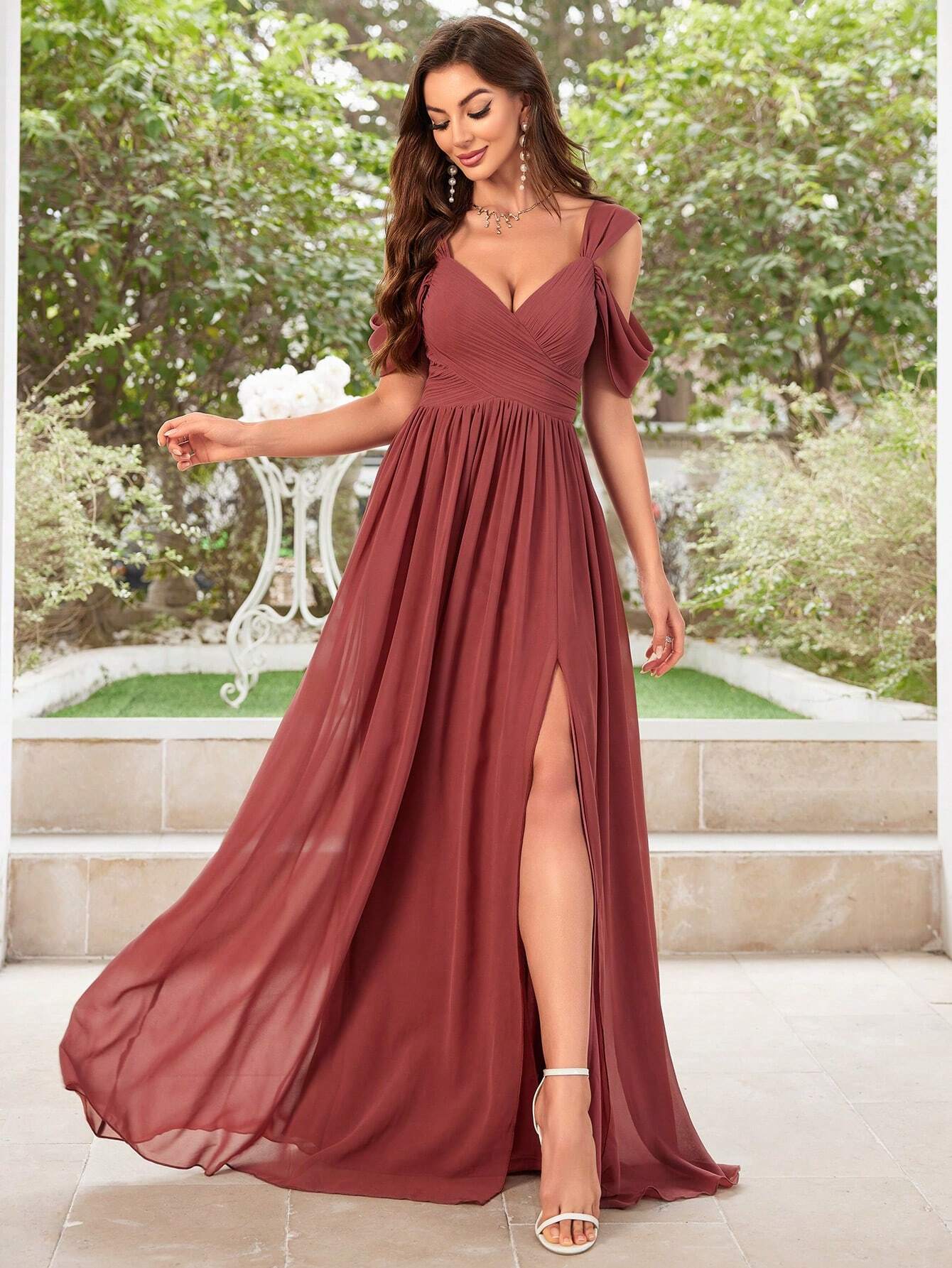 UNITHORSE Women's Solid Color Minimalist Daily Wear Cold Shoulder Chiffon Dress Bridesmaid Dress Wedding