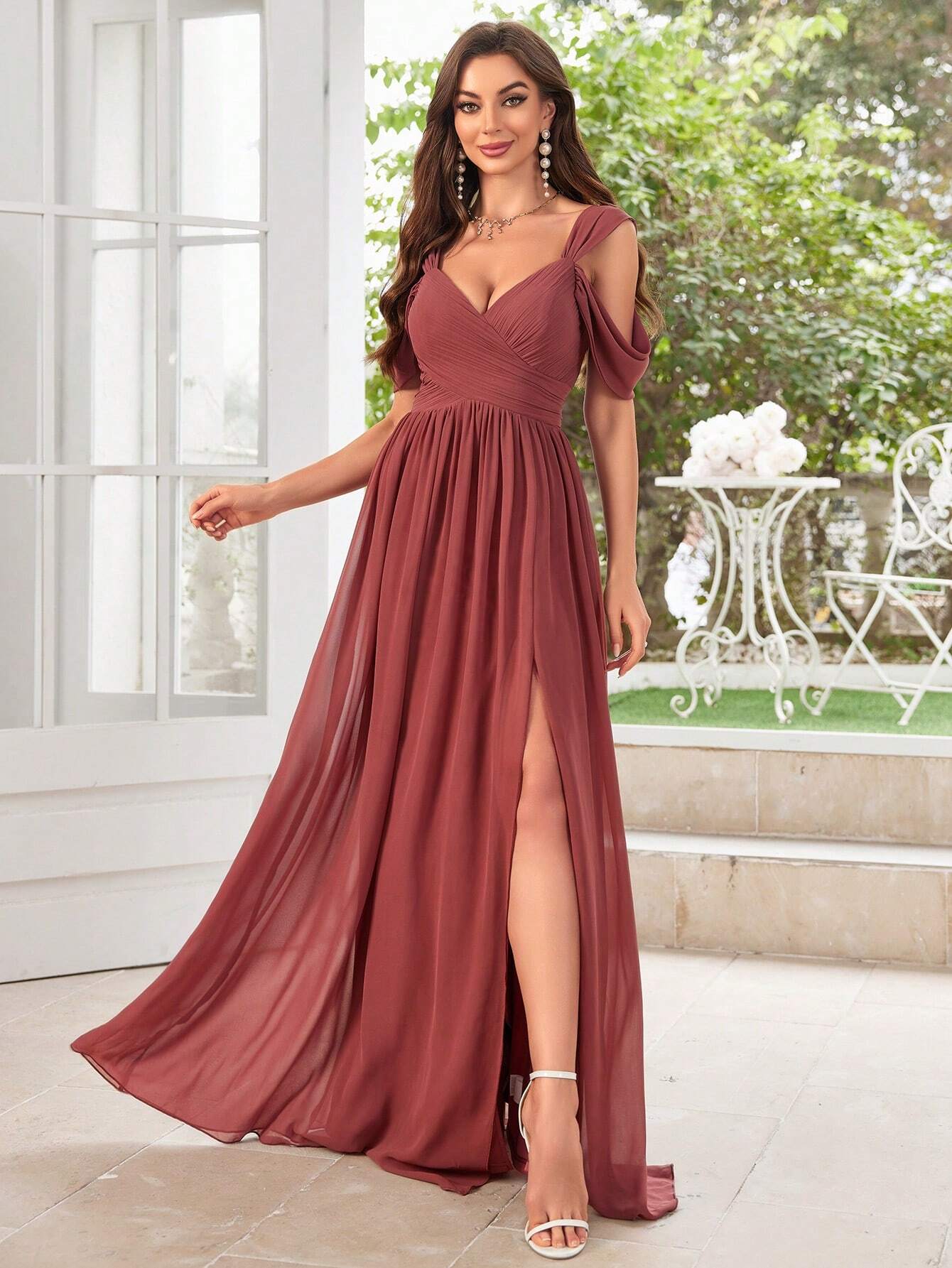 UNITHORSE Women's Solid Color Minimalist Daily Wear Cold Shoulder Chiffon Dress Bridesmaid Dress Wedding - image 5