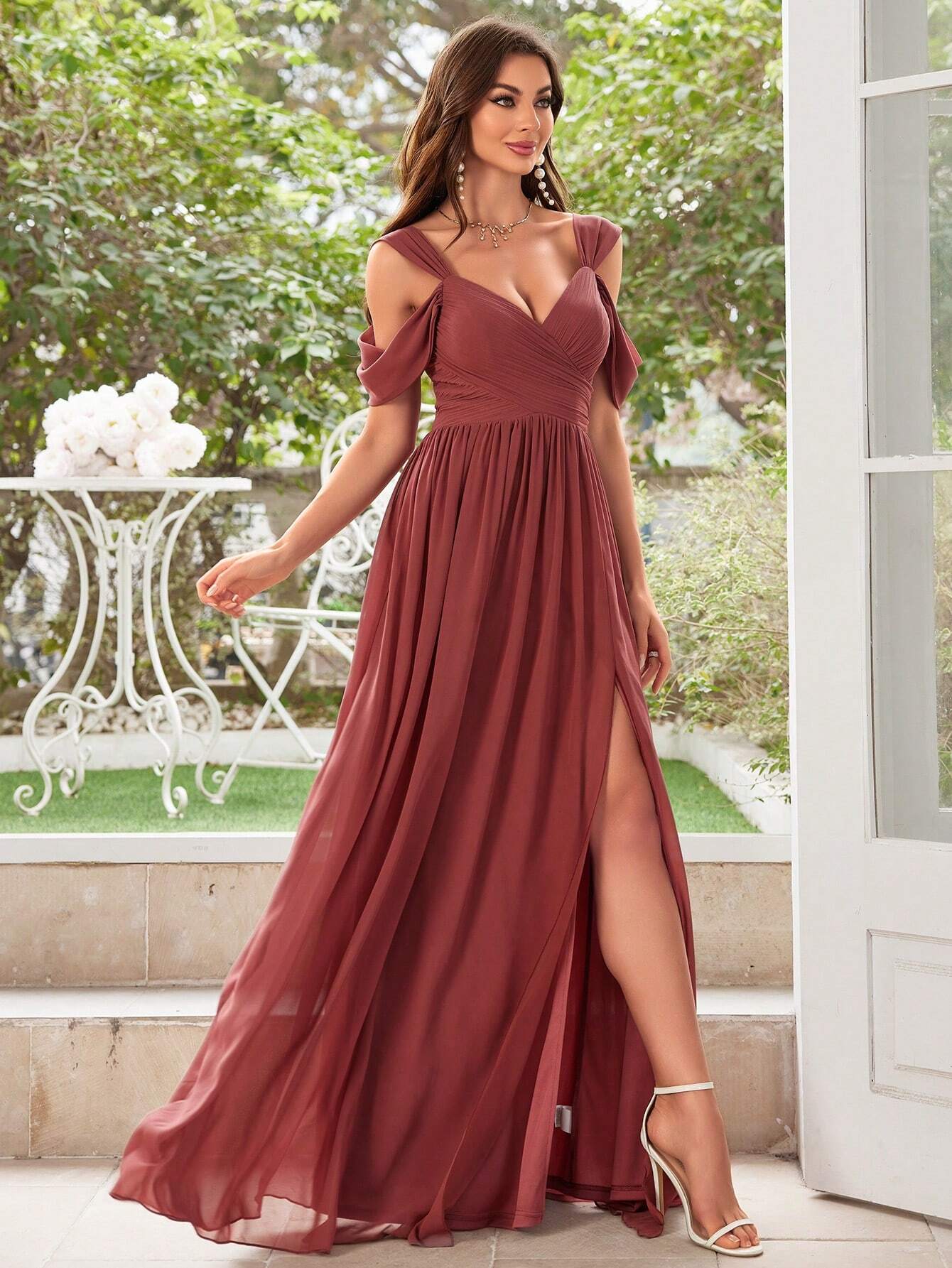 UNITHORSE Women's Solid Color Minimalist Daily Wear Cold Shoulder Chiffon Dress Bridesmaid Dress Wedding - image 6