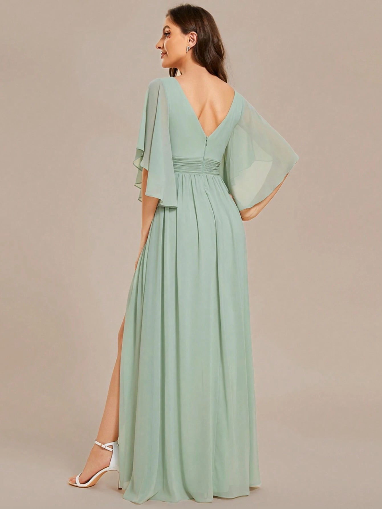 EVERPRETTY Summer Early Autumn Elegant Off-Shoulder Ruffle Sleeve V-Neck High Waist Fitted Chiffon Sage Green - image 7