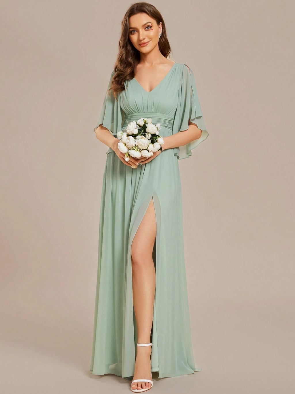 EVERPRETTY Summer Early Autumn Elegant Off-Shoulder Ruffle Sleeve V-Neck High Waist Fitted Chiffon Sage Green - image 9