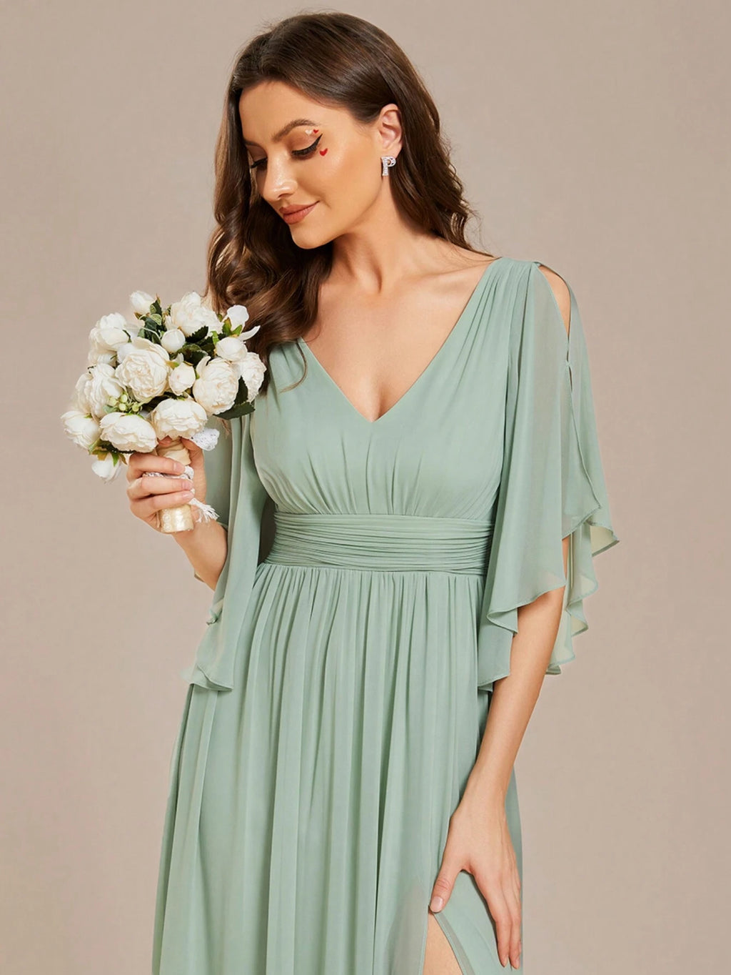 EVERPRETTY Summer Early Autumn Elegant Off-Shoulder Ruffle Sleeve V-Neck High Waist Fitted Chiffon Sage Green - image 10