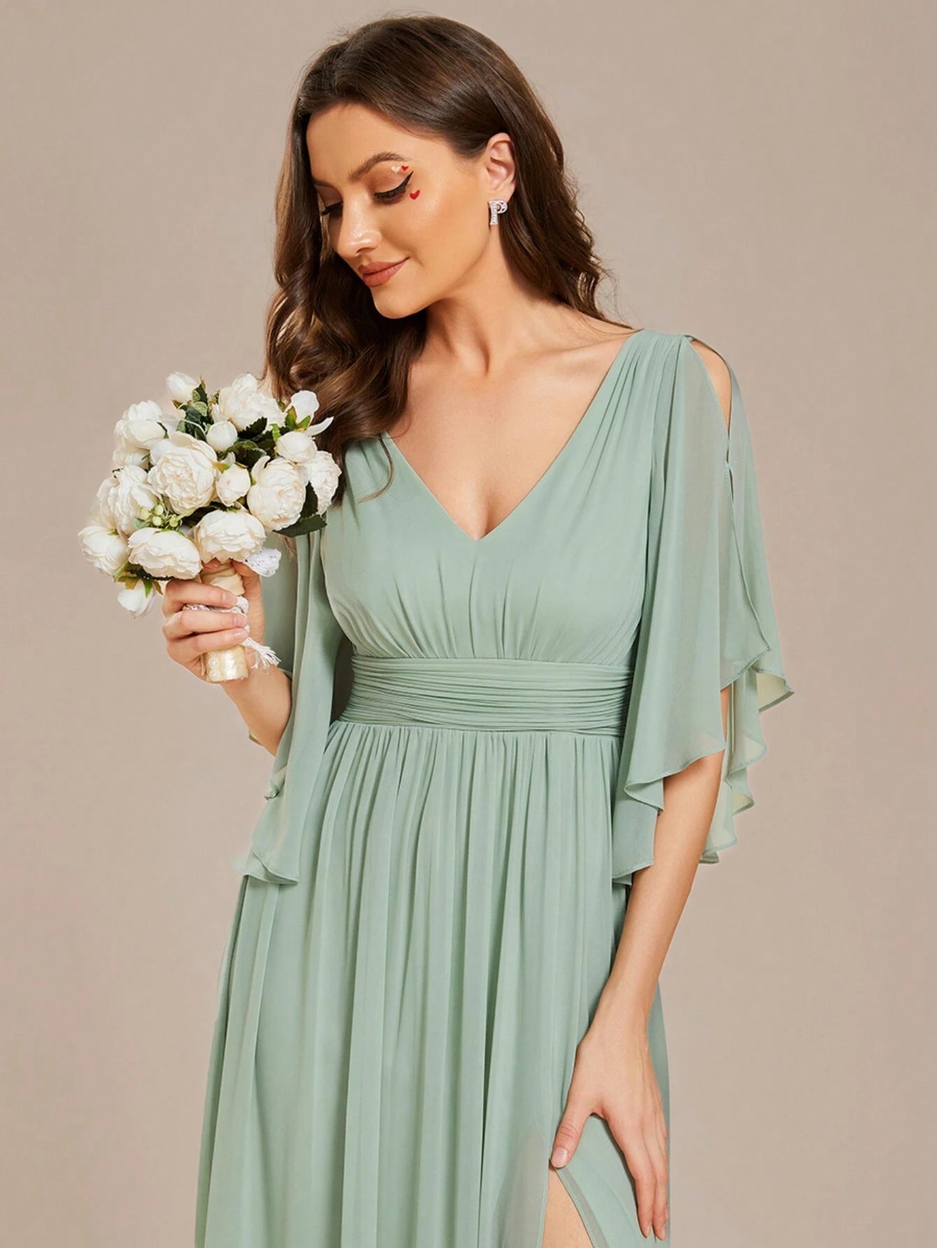 EVERPRETTY Summer Early Autumn Elegant Off-Shoulder Ruffle Sleeve V-Neck High Waist Fitted Chiffon Sage Green - image 10
