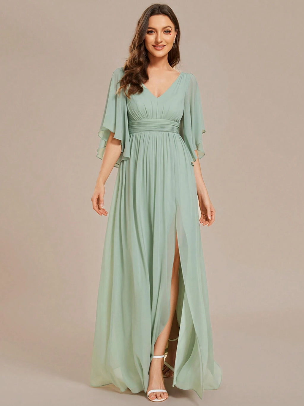 EVERPRETTY Summer Early Autumn Elegant Off-Shoulder Ruffle Sleeve V-Neck High Waist Fitted Chiffon Sage Green - image 11