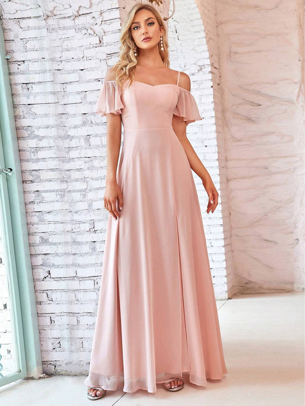 EVERPRETTY Elegant Open Shoulder Chiffon Long Bridesmaid Dress, Suitable For Weddings And Graduation