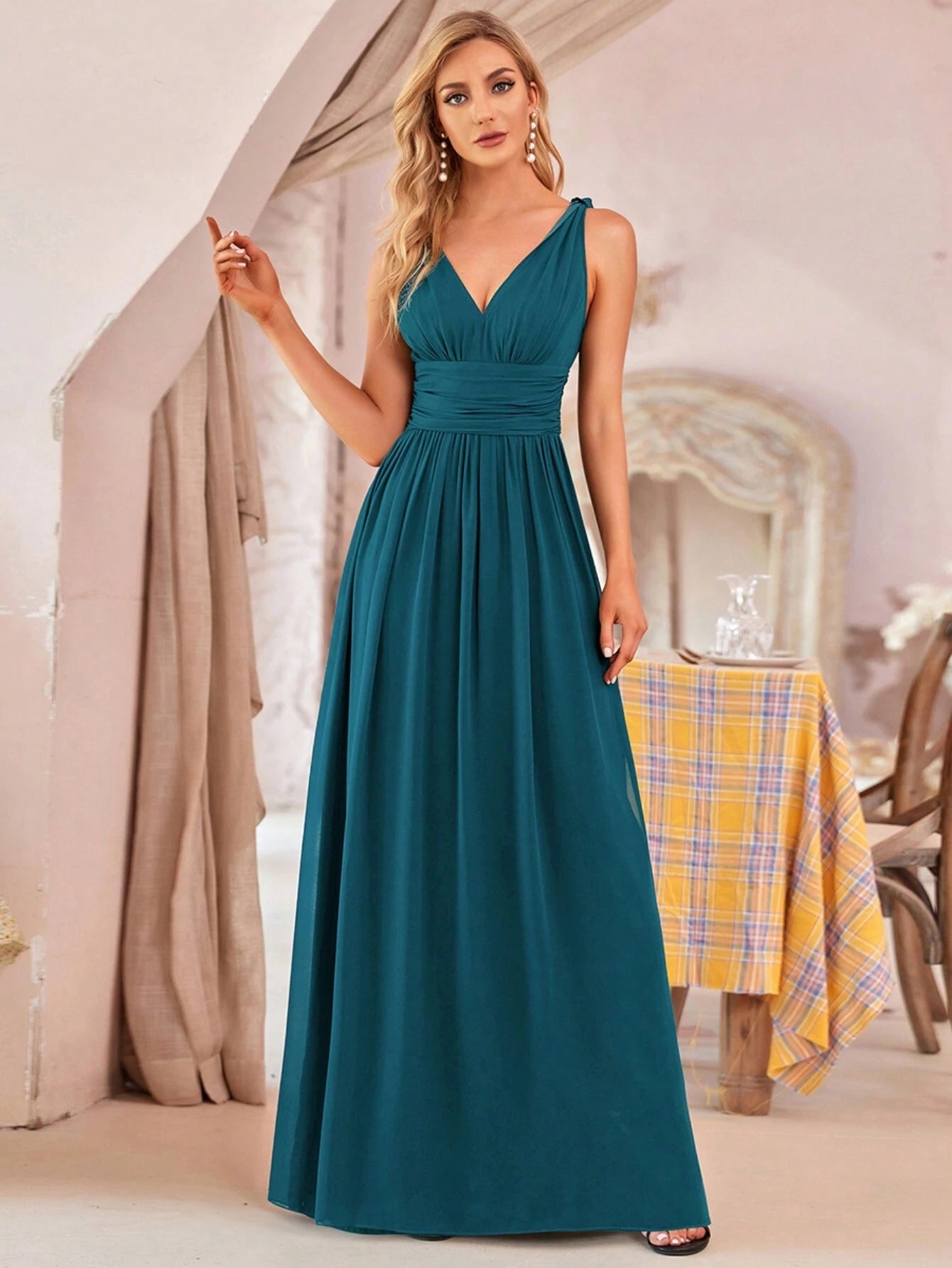Elegant Chiffon V-Neck Sleeveless Ruched Long Black Bridesmaid Dress, Suitable For Spring/Summer Wedding - image 14
