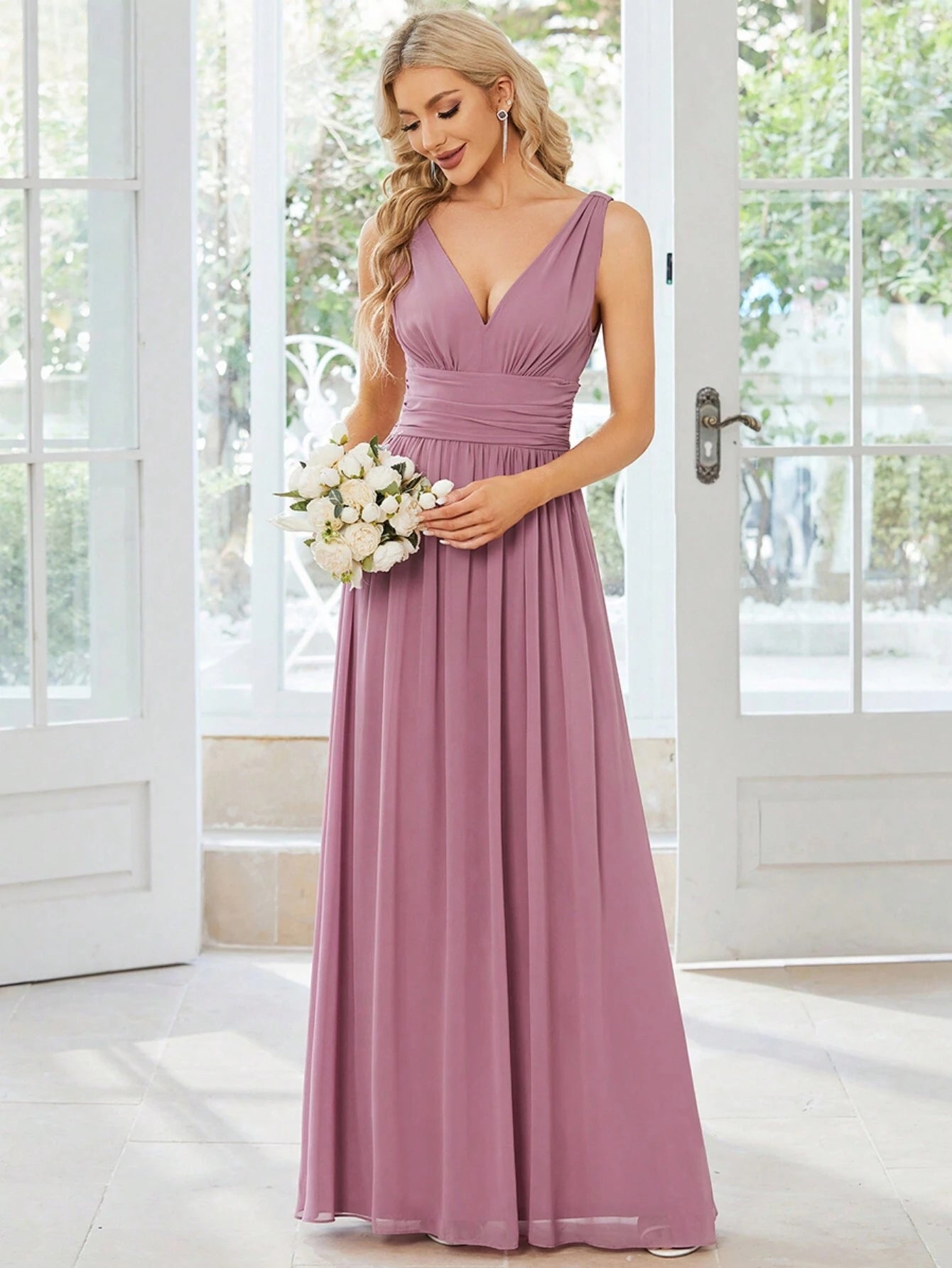 Elegant Chiffon V-Neck Sleeveless Ruched Long Black Bridesmaid Dress,