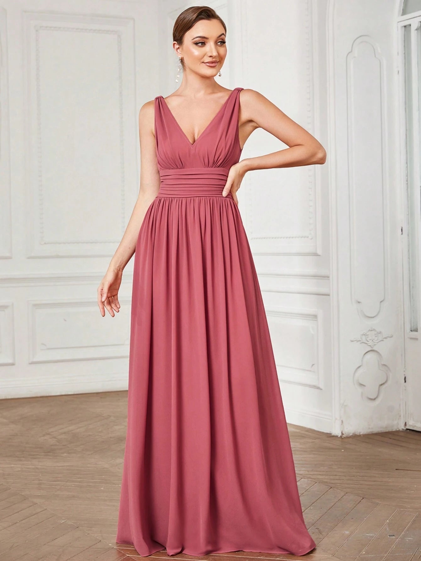Elegant Chiffon V-Neck Sleeveless Ruched Long Black Bridesmaid Dress,