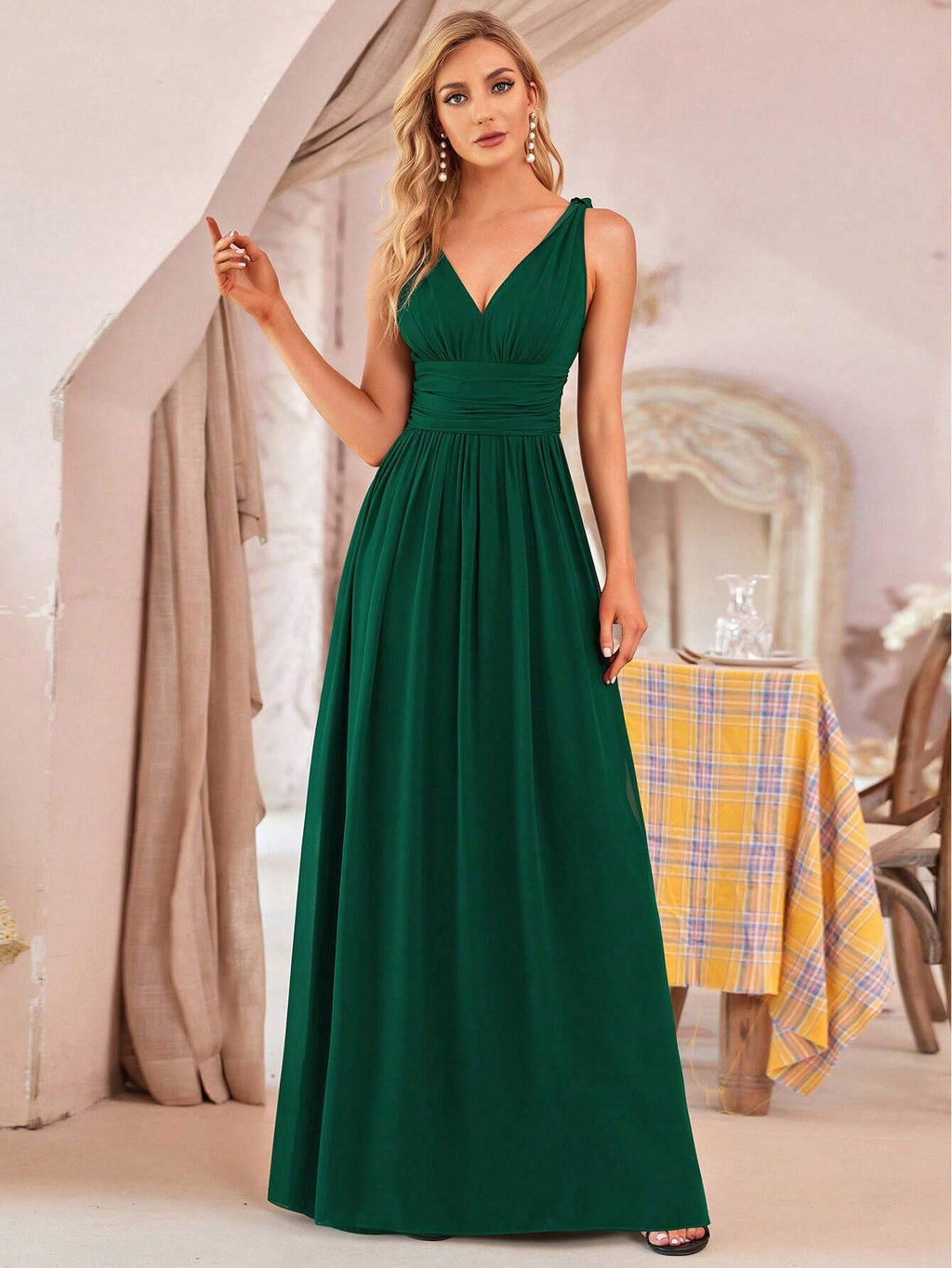 Elegant Chiffon V-Neck Sleeveless Ruched Long Black Bridesmaid Dress, Suitable For Spring/Summer Wedding - image 17