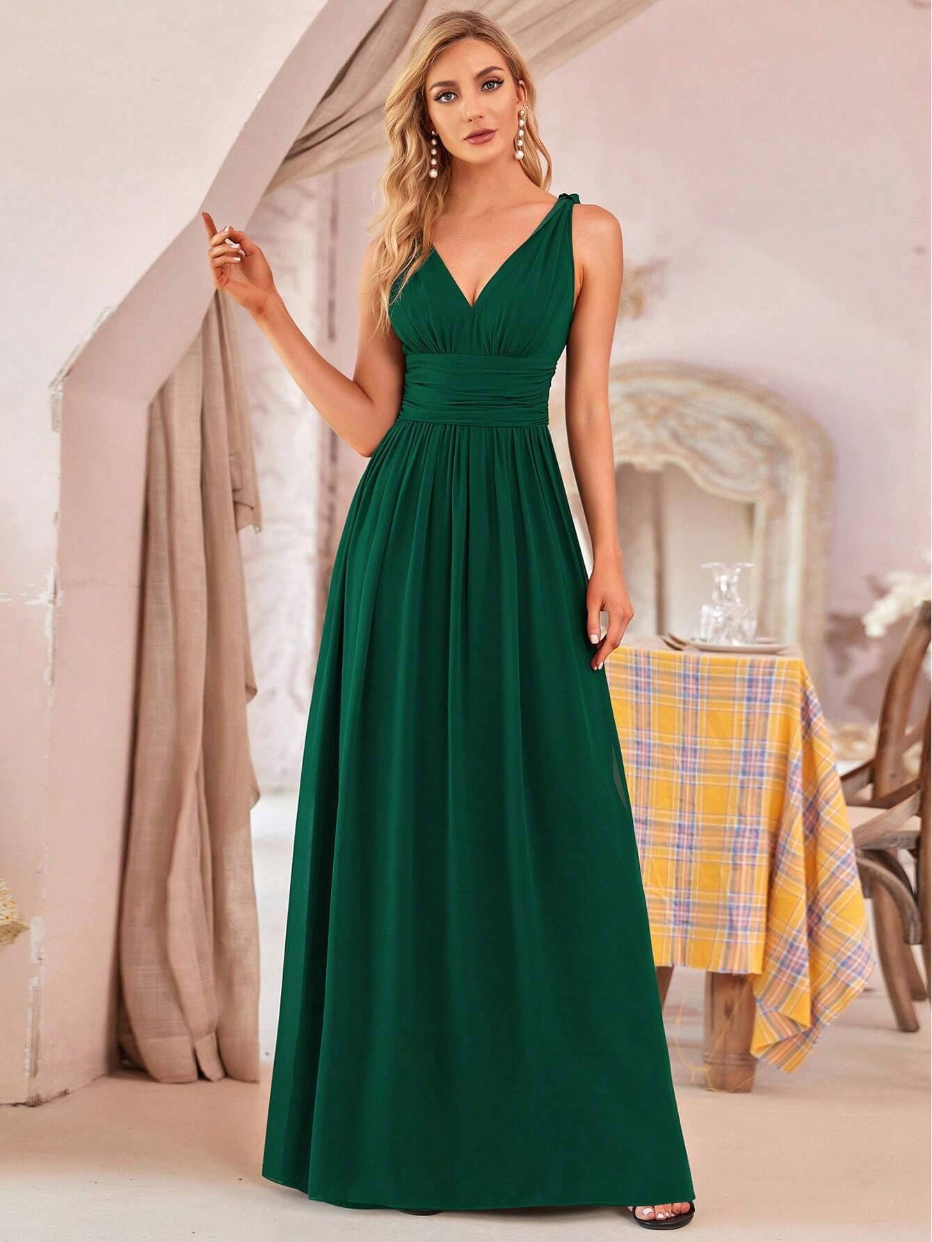 Elegant Chiffon V-Neck Sleeveless Ruched Long Black Bridesmaid Dress, Suitable For Spring/Summer Wedding - image 17