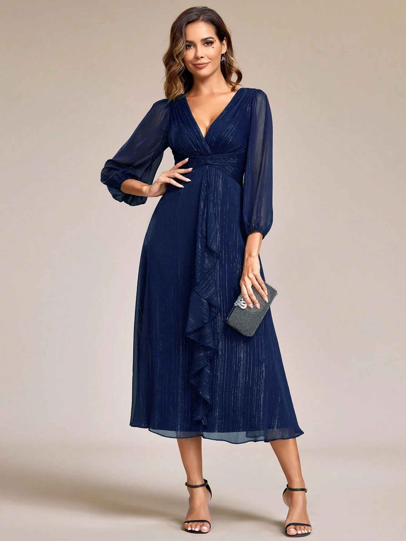 Women's Elegant V-Neck Long Sleeve Formal Dress, Shiny Twist Ruched Knee-Length Bridesmaid Dress, Wedding - image 17