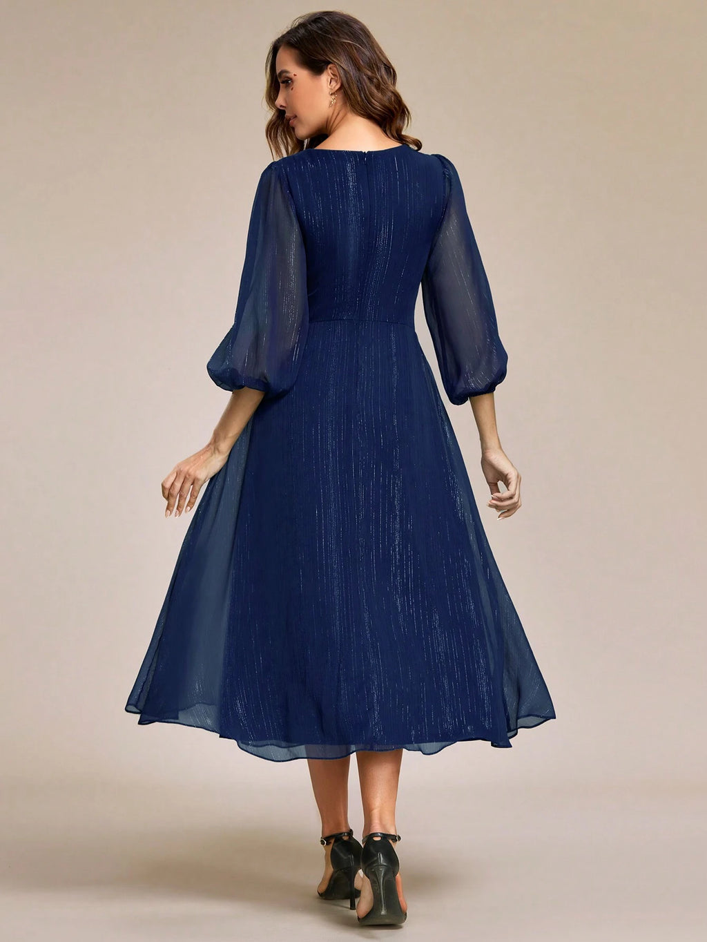 Women's Elegant V-Neck Long Sleeve Formal Dress, Shiny Twist Ruched Knee-Length Bridesmaid Dress, Wedding - image 18