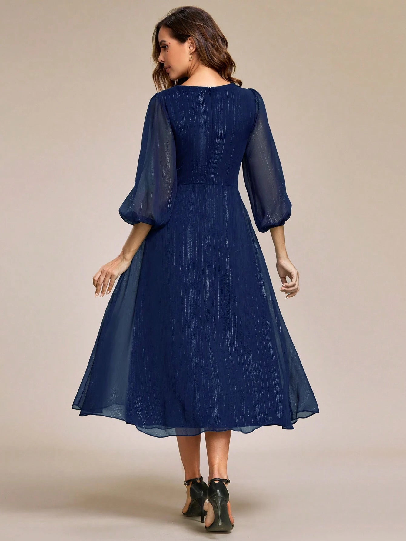 Women's Elegant V-Neck Long Sleeve Formal Dress, Shiny Twist Ruched Knee-Length Bridesmaid Dress, Wedding - image 18