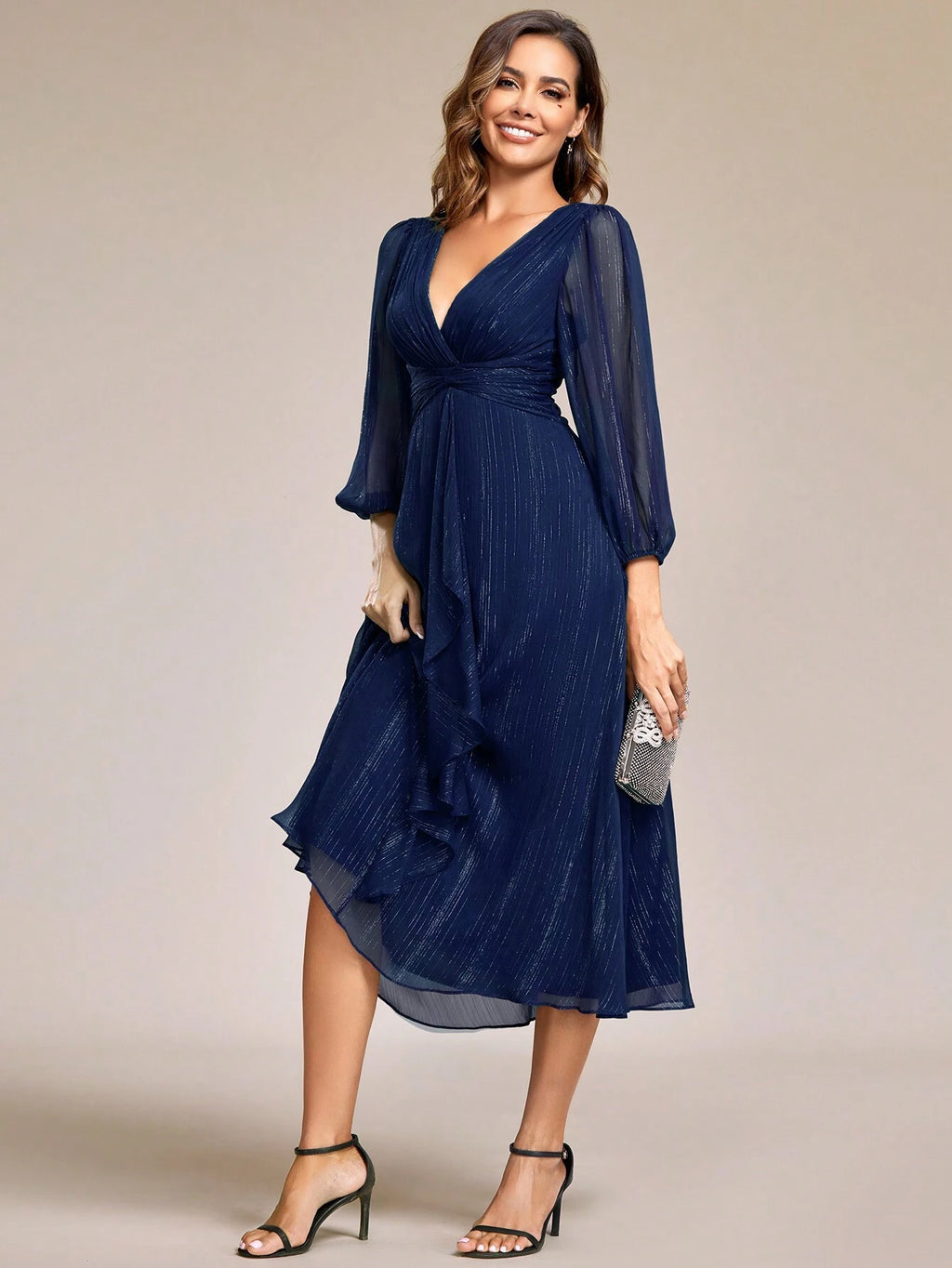 Women's Elegant V-Neck Long Sleeve Formal Dress, Shiny Twist Ruched Knee-Length Bridesmaid Dress, Wedding - image 19