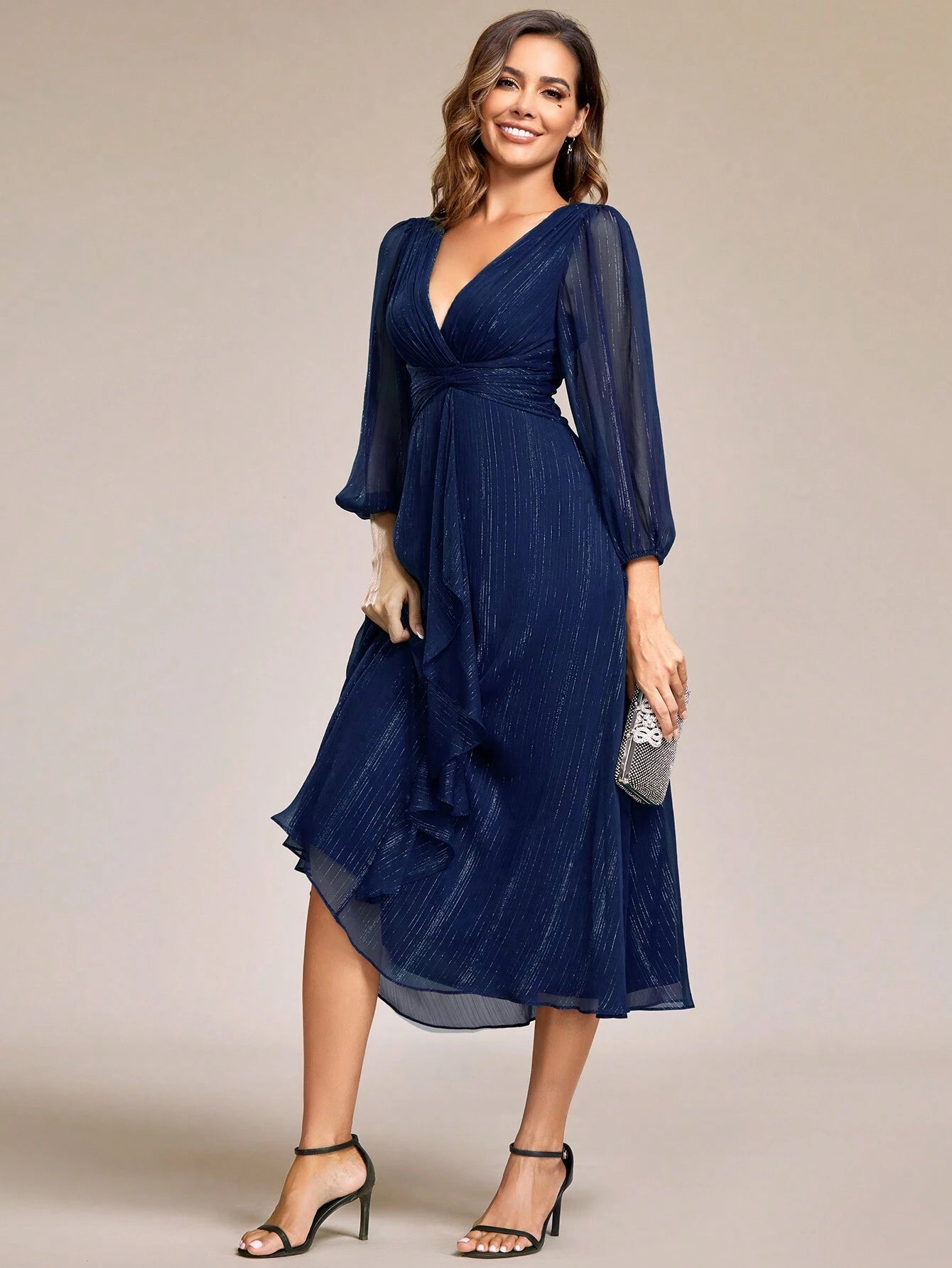 Women's Elegant V-Neck Long Sleeve Formal Dress, Shiny Twist Ruched Knee-Length Bridesmaid Dress, Wedding - image 19