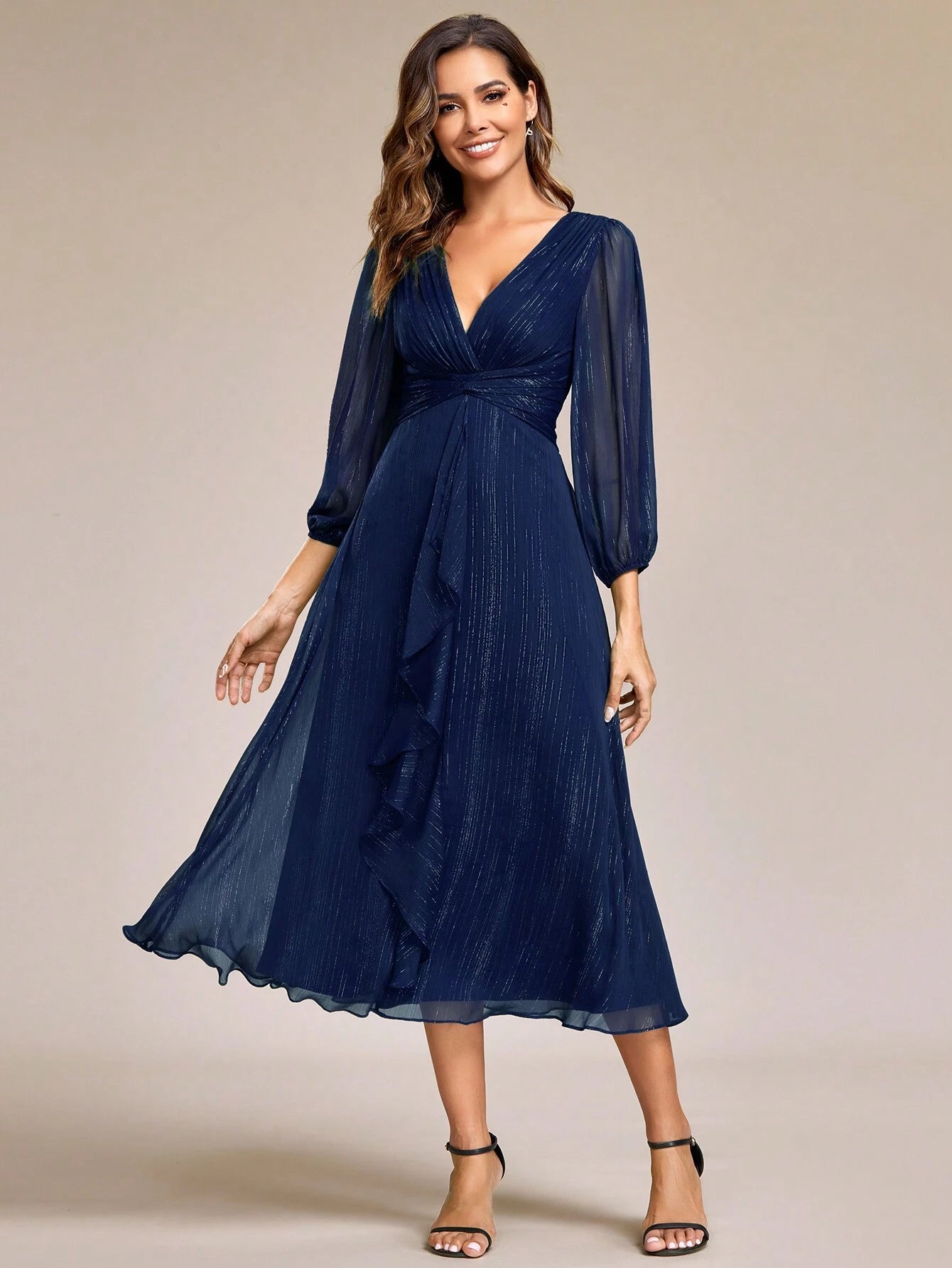 Women's Elegant V-Neck Long Sleeve Formal Dress, Shiny Twist Ruched Knee-Length Bridesmaid Dress, Wedding - image 20