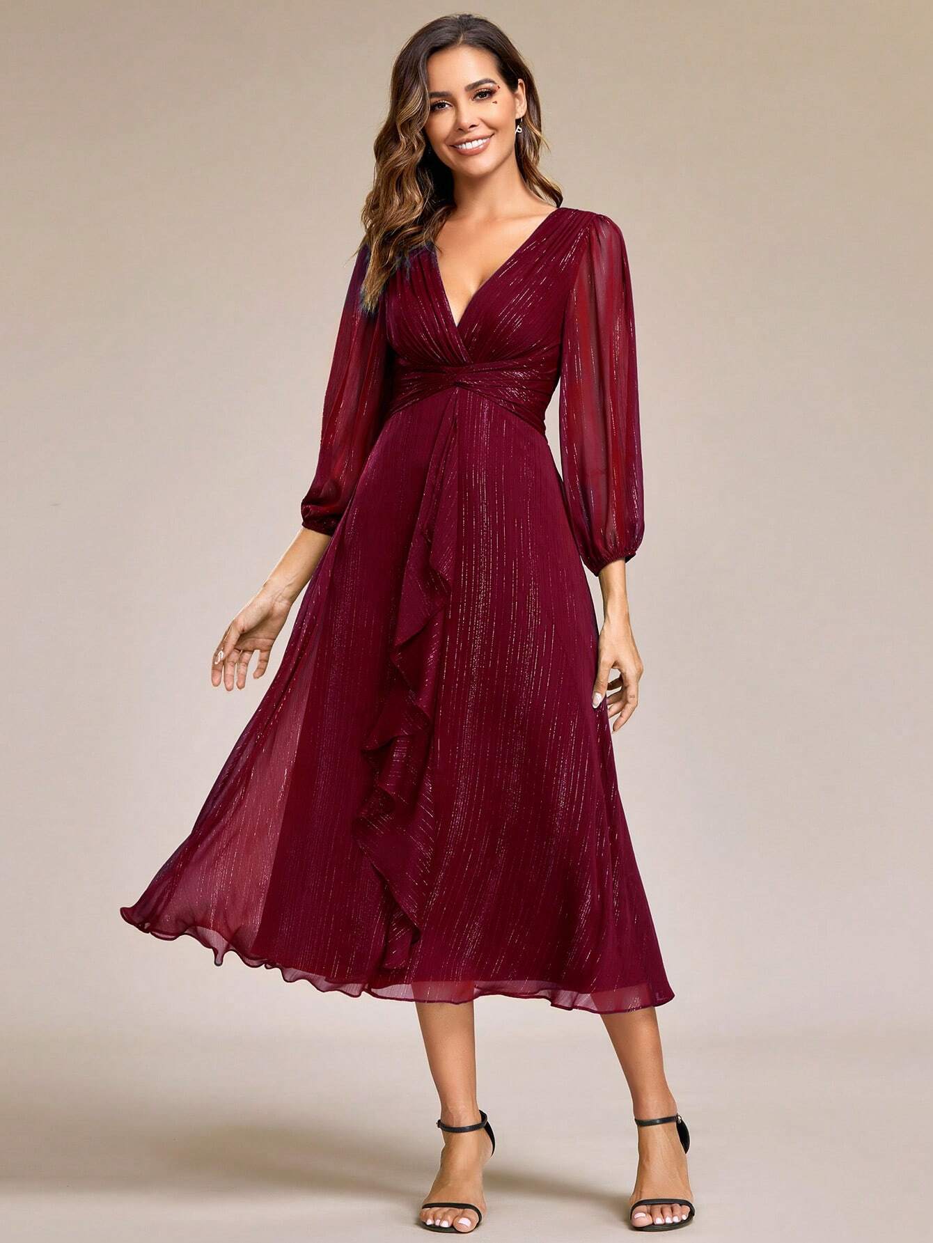 Women's Elegant V-Neck Long Sleeve Formal Dress, Shiny Twist Ruched