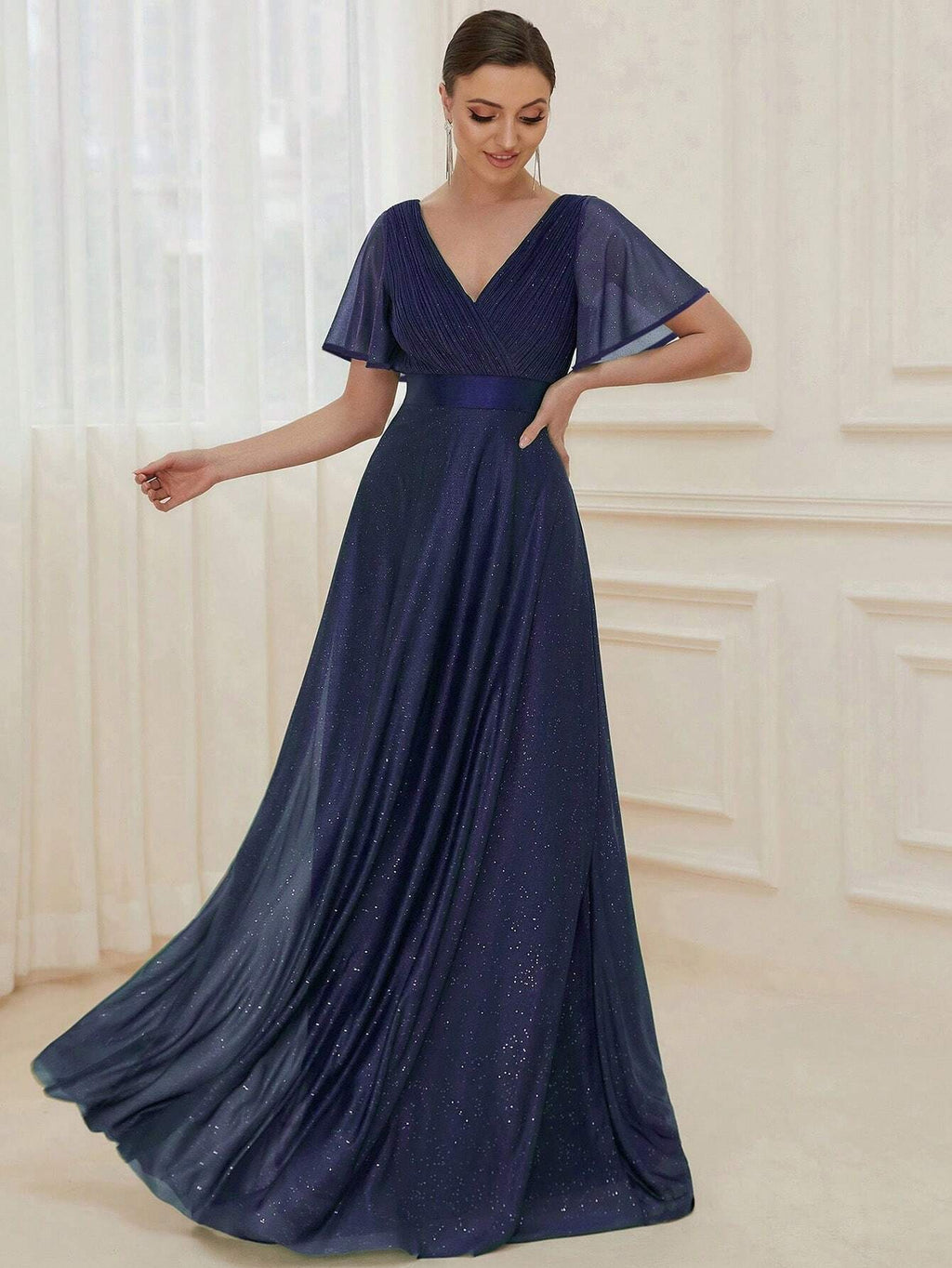 EVERPRETTY Elegant V-Neck Ruffle Sequin Bridesmaid Dress, Formal Evening Gown Wedding Spring - image 9