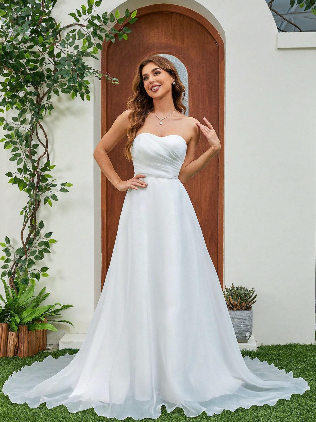 Elasola French Pleated Bodice Tulle Train Wedding Dress White Elegant Bridal Dress,Bride Spring - image 7