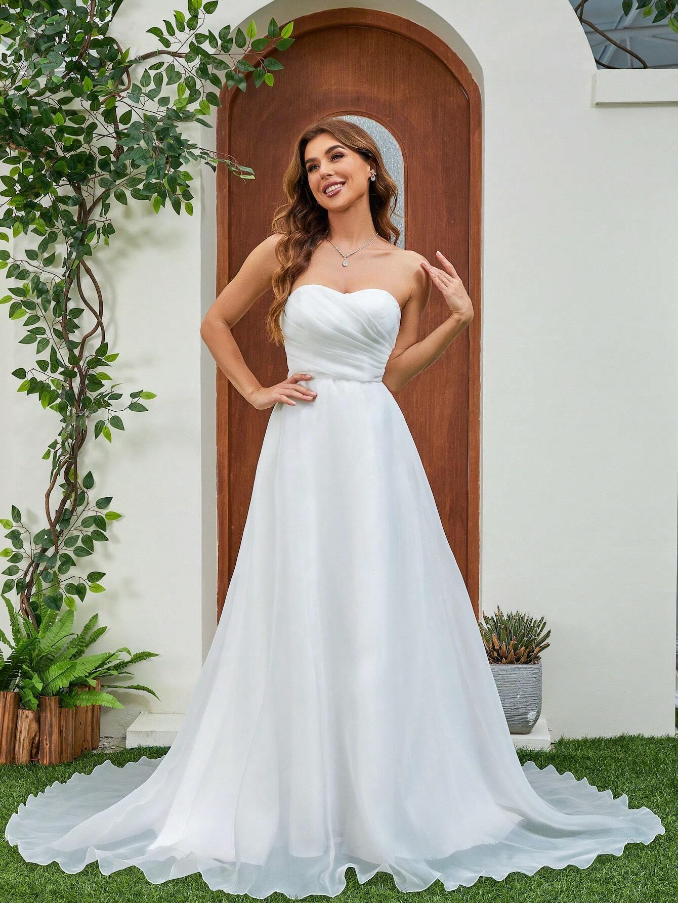 Elasola French Pleated Bodice Tulle Train Wedding Dress White Elegant Bridal Dress,Bride Spring - image 7