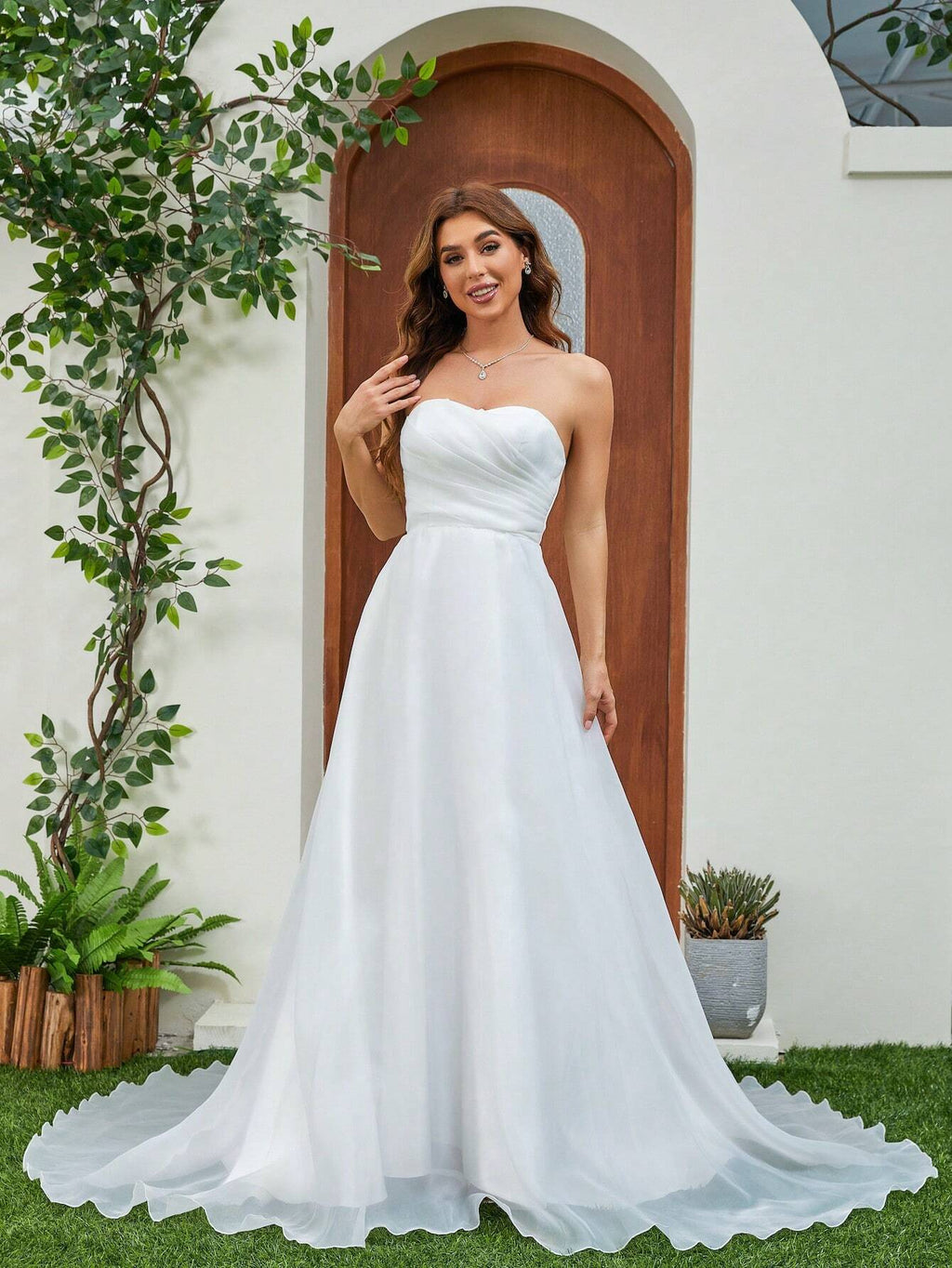Elasola French Pleated Bodice Tulle Train Wedding Dress White Elegant Bridal Dress,Bride Spring - image 3