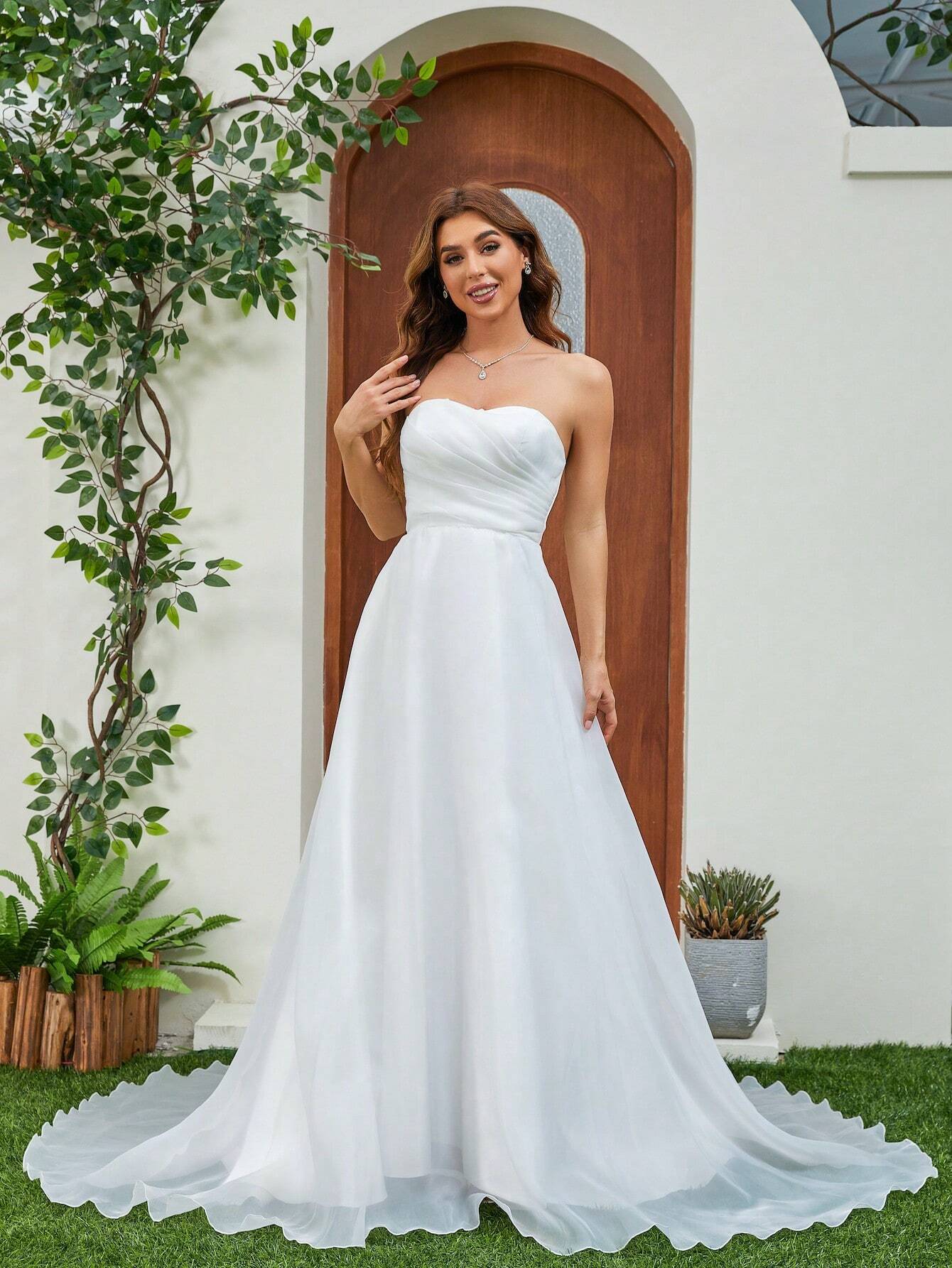 Elasola French Pleated Bodice Tulle Train Wedding Dress White Elegant Bridal Dress,Bride Spring - image 3